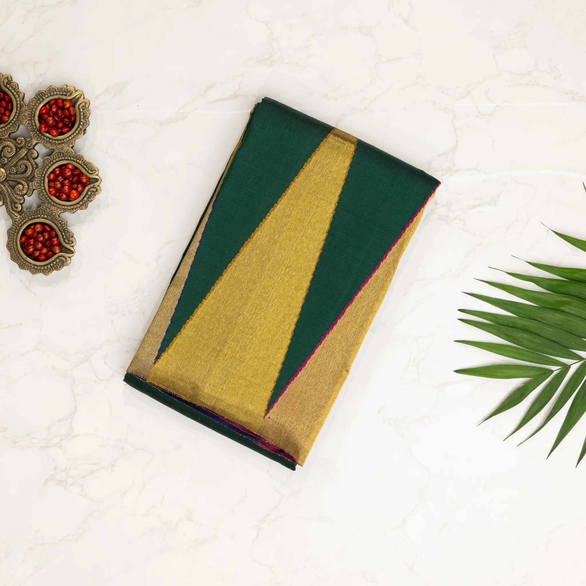 Emerald Green Kanchipuram Silk Saree – Broad Gold Zari Border with Contrast Magenta Accents