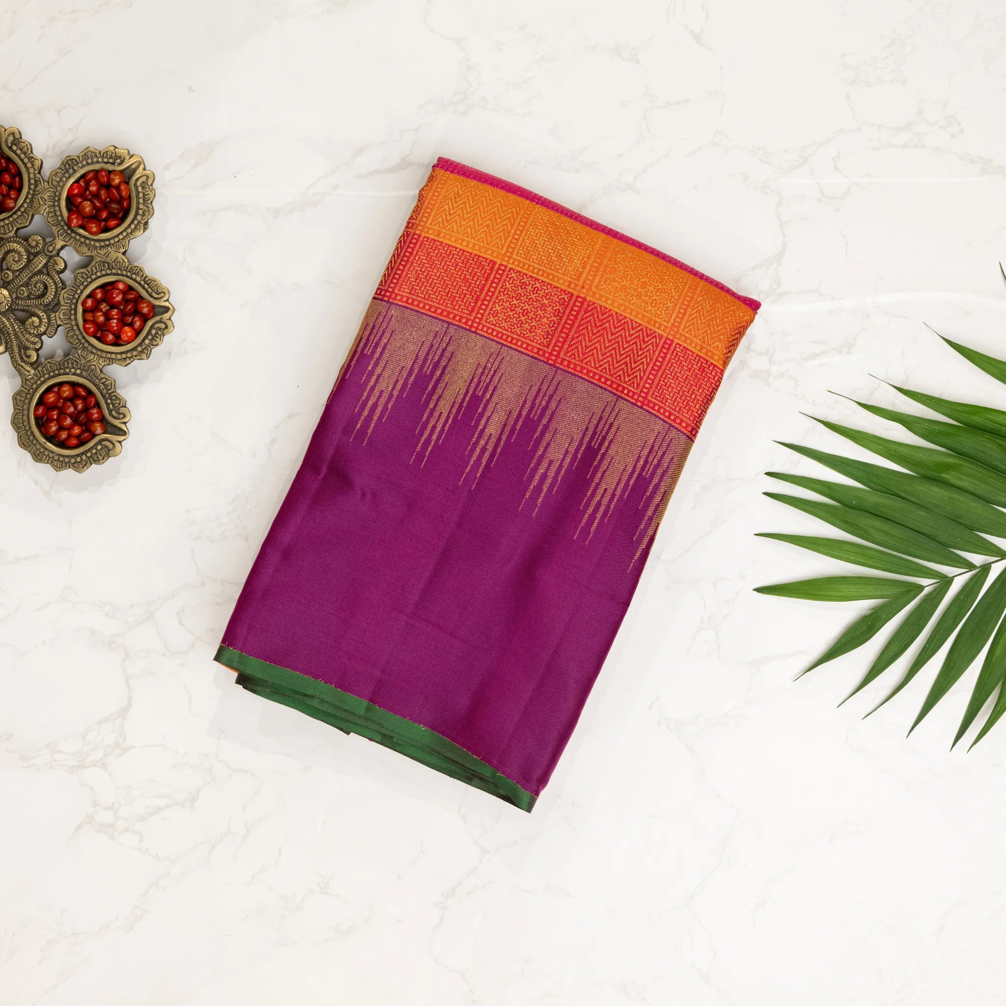Orange Cotton Silk Saree – Pink Geometric Woven Checks with Purple Contrast Border