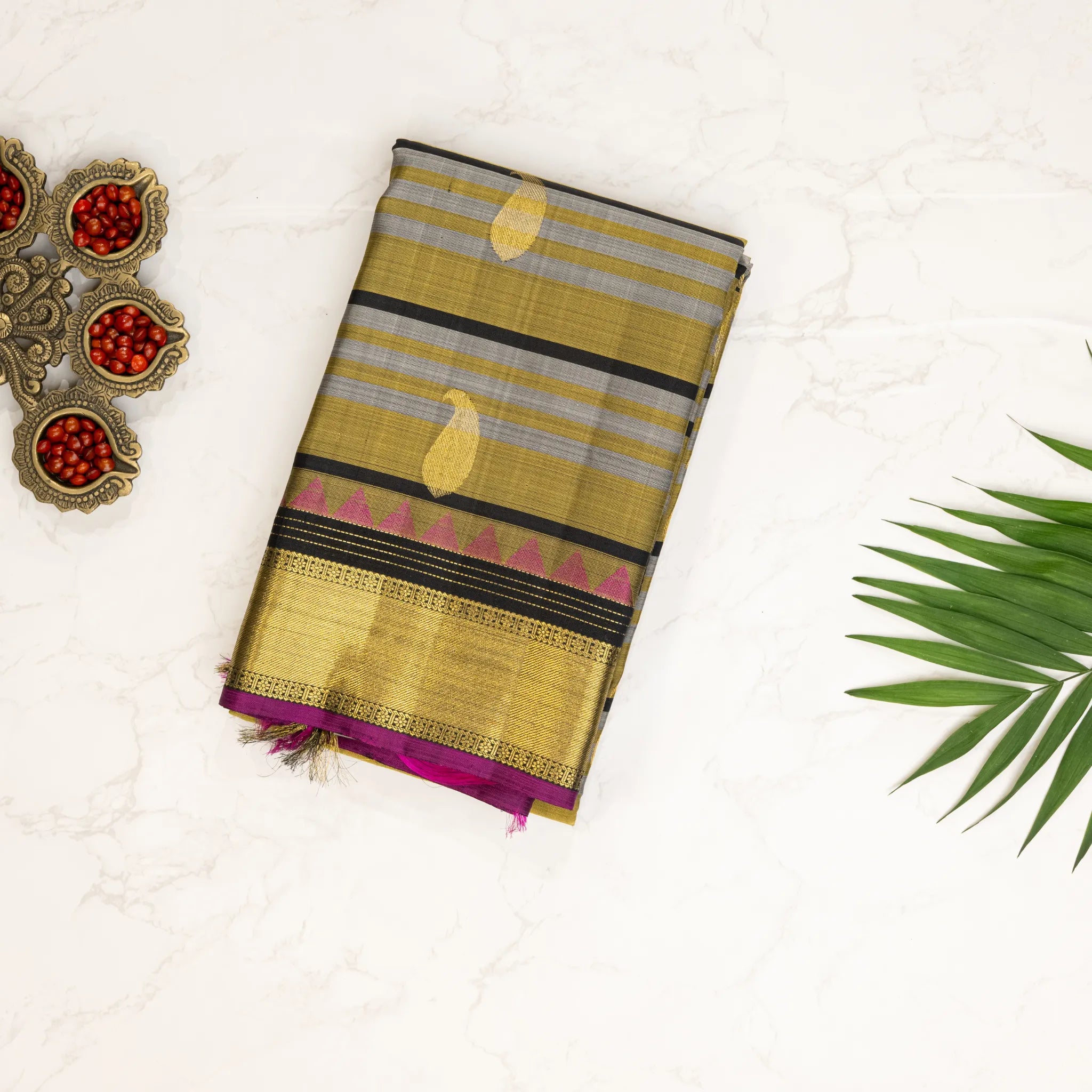 Olive Green Kanchipuram Silk Saree – Striped Weave with Gold Zari Border & Magenta Accents