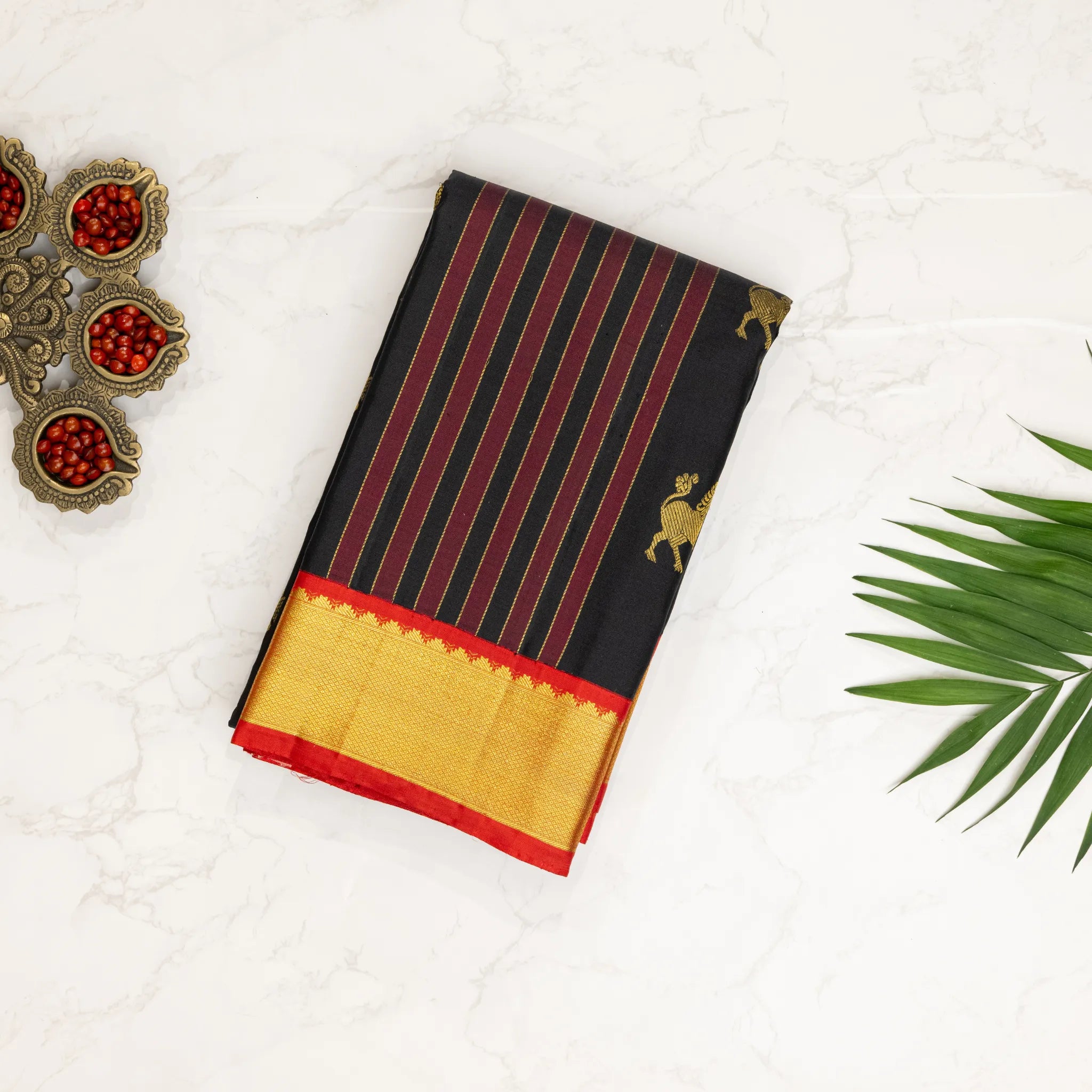 Black Kanchipuram Silk Saree – Maroon Stripes with Gold Zari Border