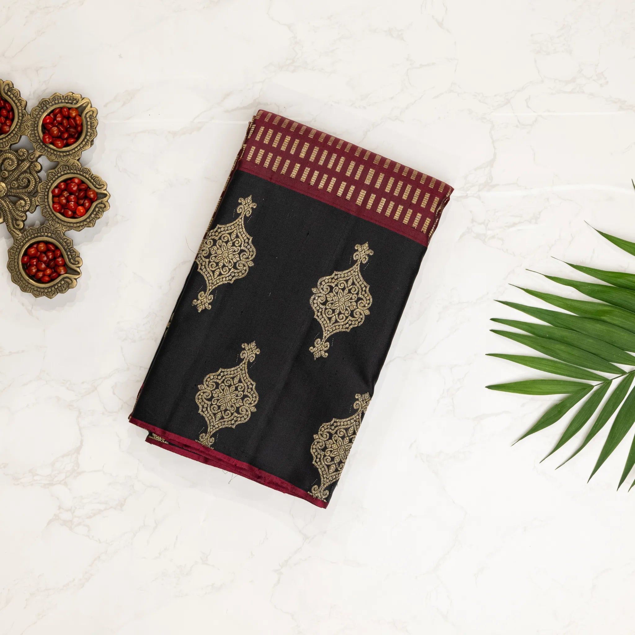 Maroon & Black Kanchipuram Silk Saree – Gold Dash Checks with Ornate Zari Border