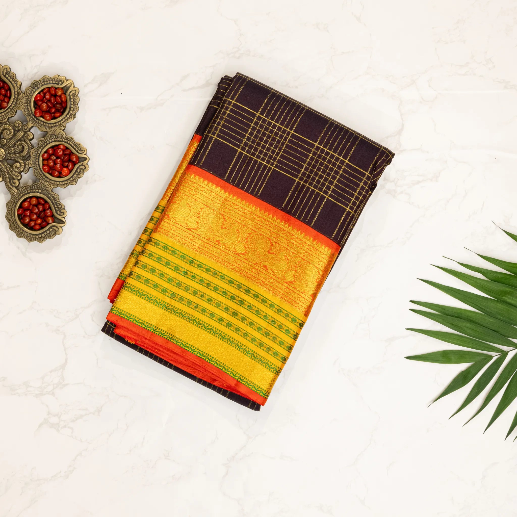 Dark Brown Cotton Silk Saree – Gold Checked Weave with Mustard Contrast Border