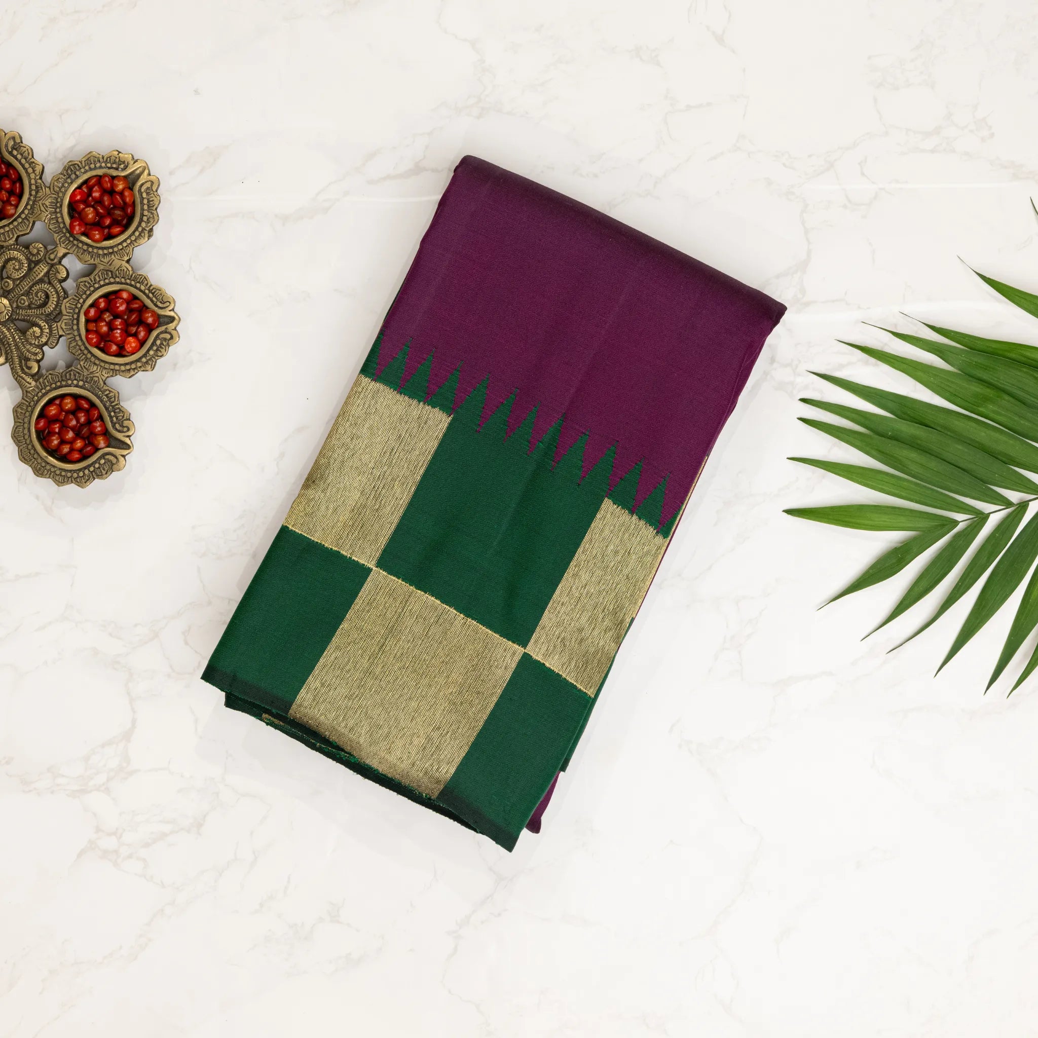 Plum Purple Kanchipuram Silk Saree – Emerald Green Checked Zari Border