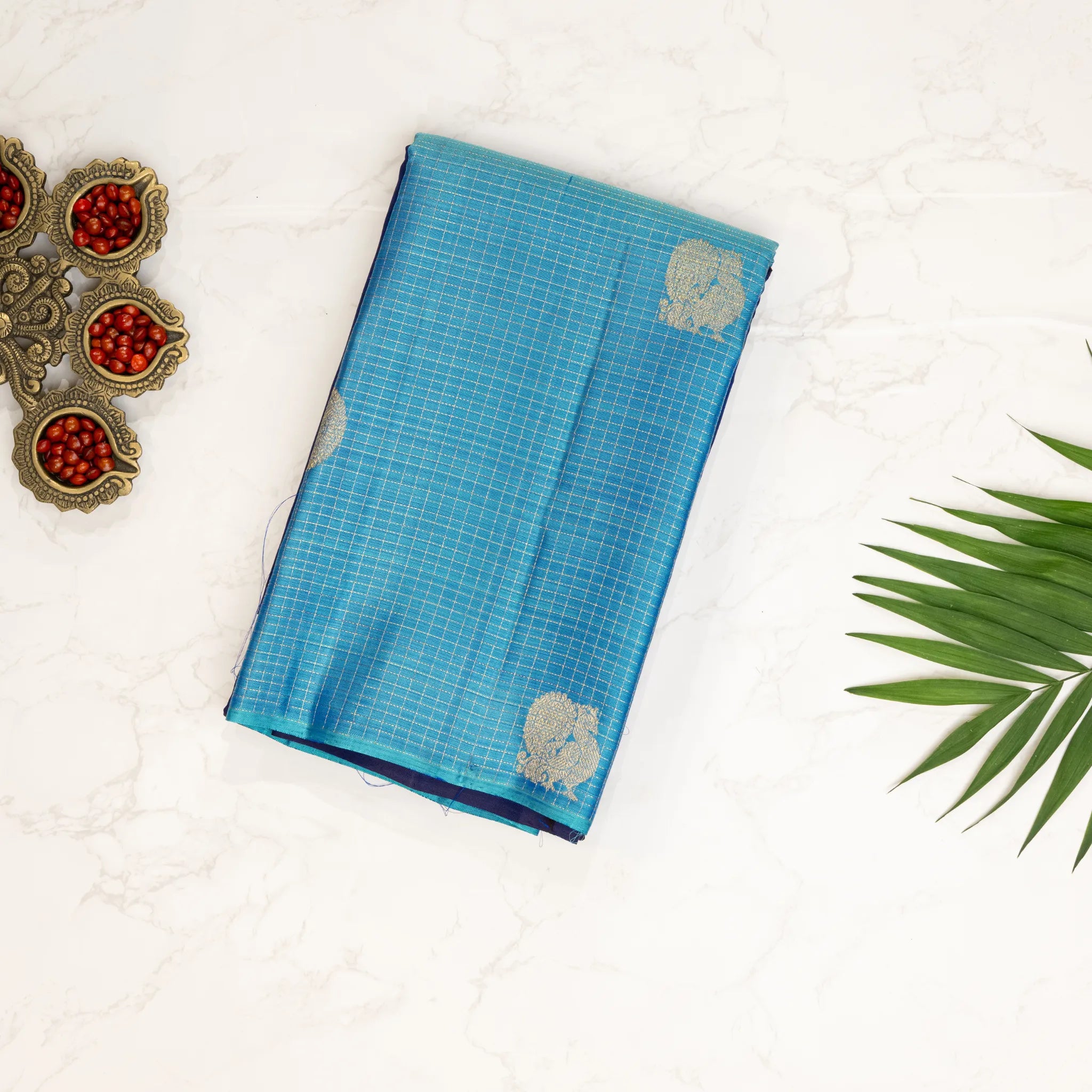 Royal Blue Cotton Silk Saree – Sky Blue Checked Weave with Silver Zari Border