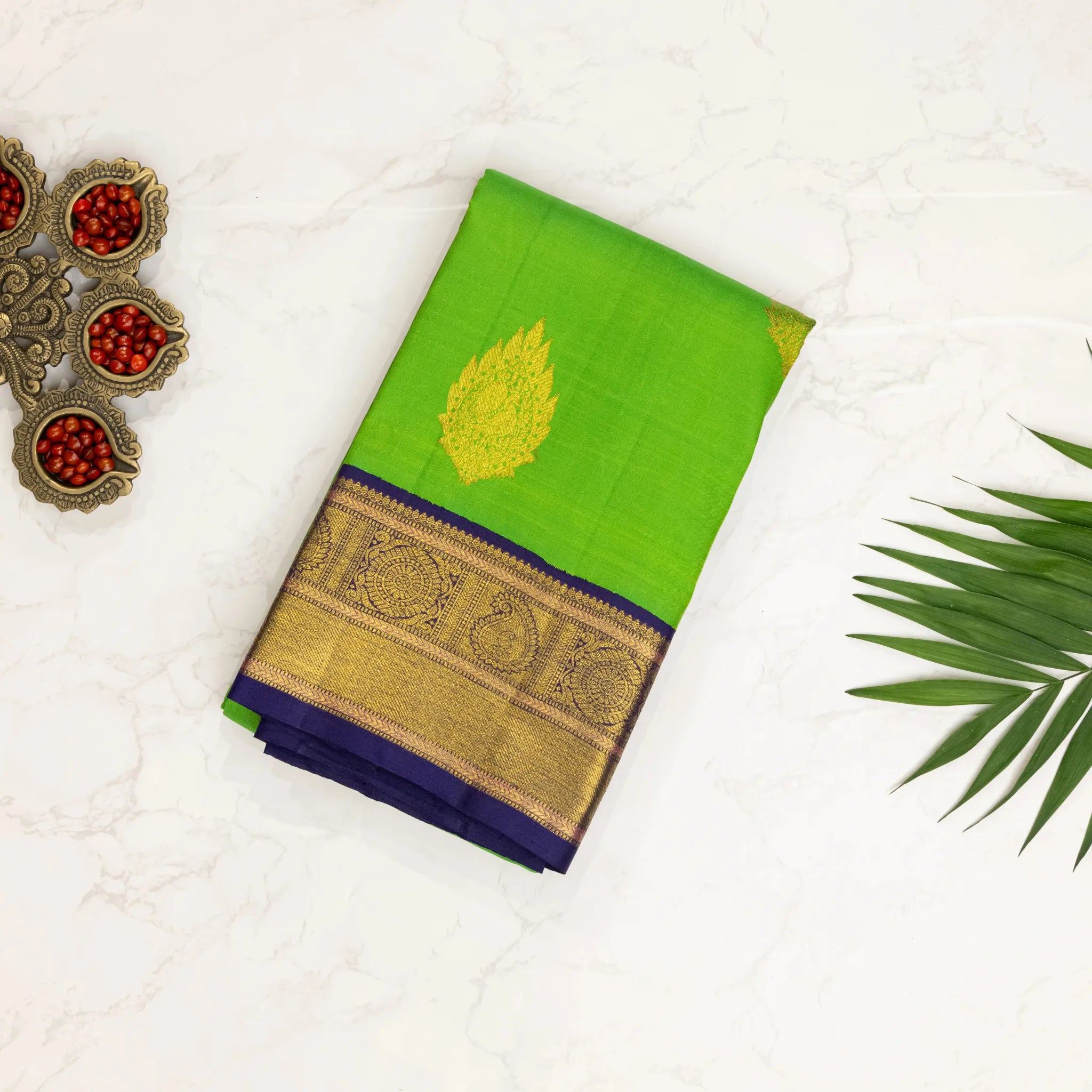 Parrot Green Cotton Silk Saree – Gold Peacock Buttas with Navy Blue Contrast Border