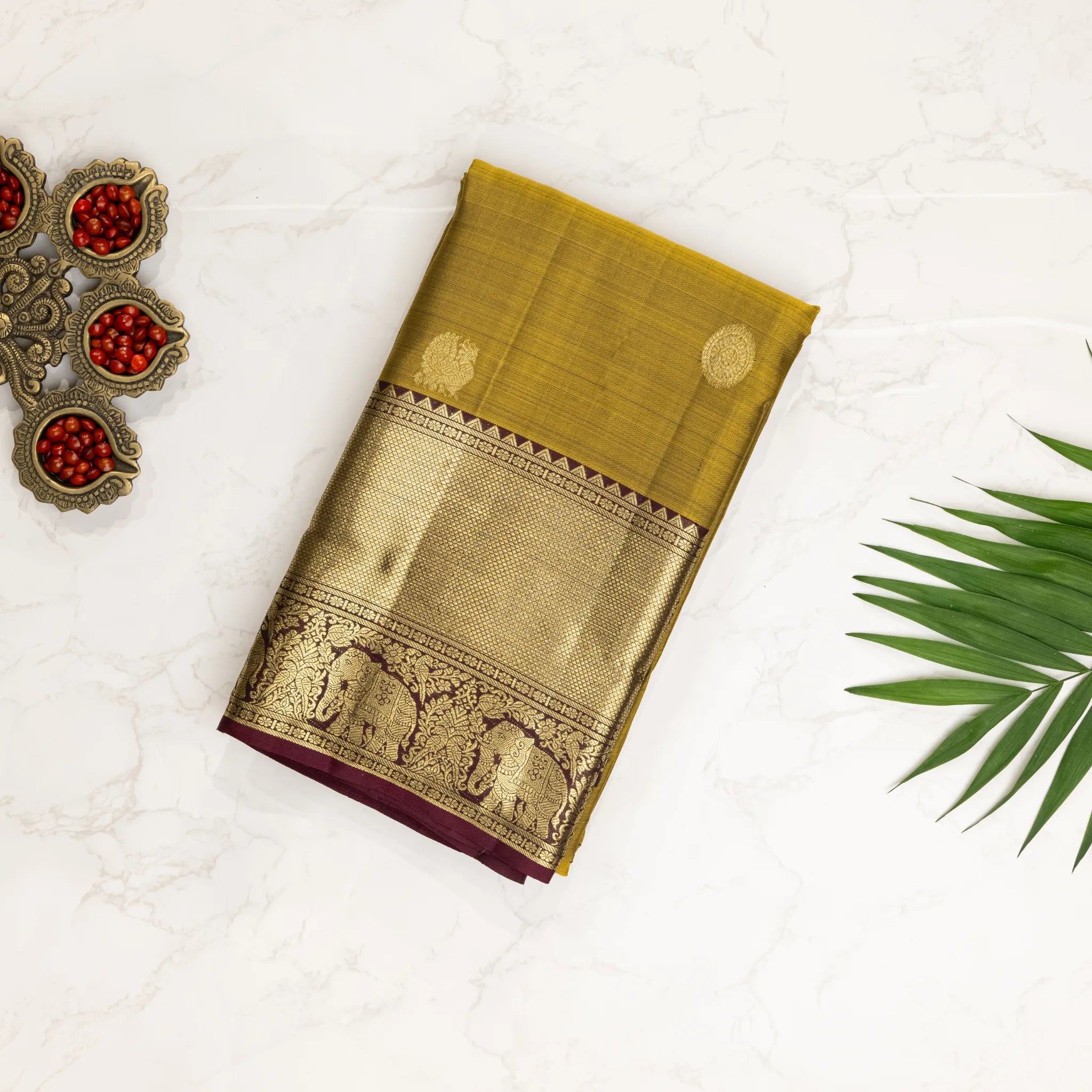 Mustard Gold Kanchipuram Silk Saree – Elephant Zari Border with Antique Gold Weave