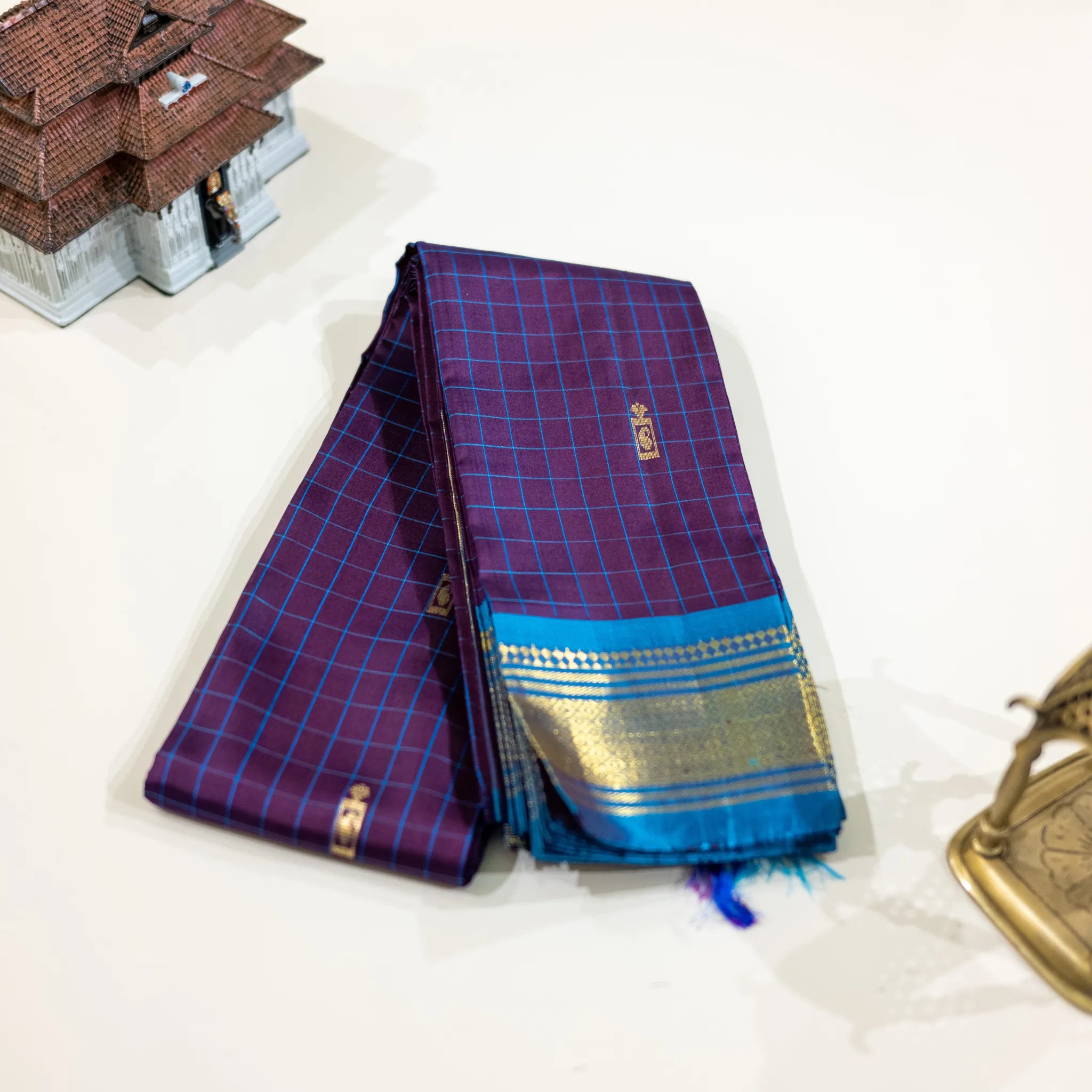 Purple and Blue Checked Zari Silk Saree
