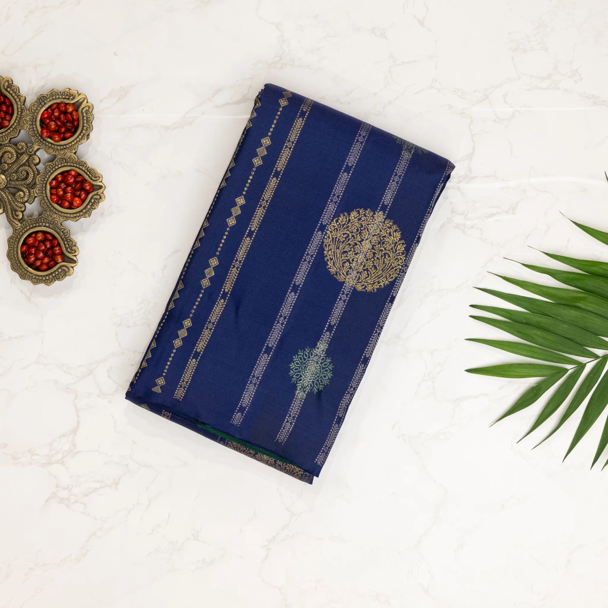Navy Blue Cotton Silk Saree – Gold Floral Buttas with Woven Stripe Design