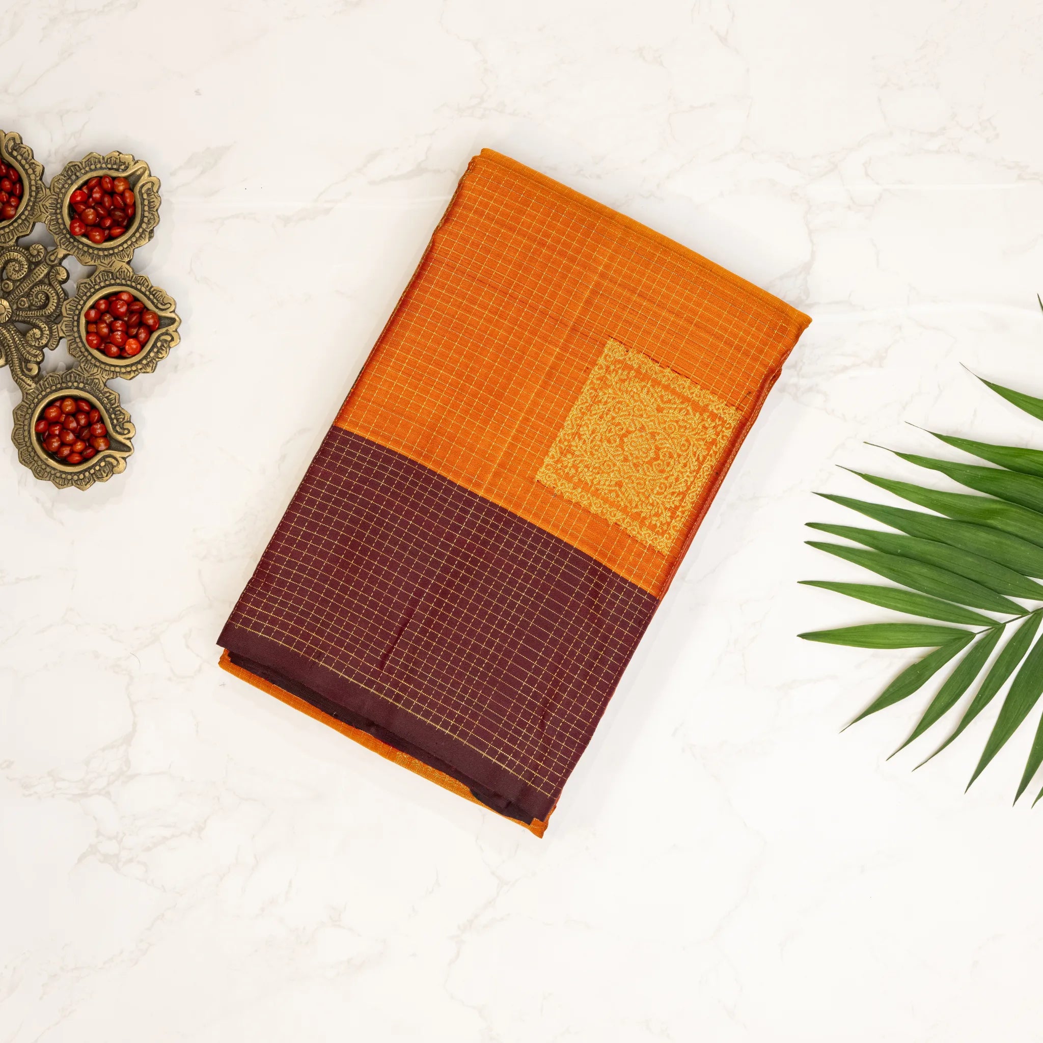 Burnt Orange Cotton Silk Saree – Gold Checked Weave with Maroon Contrast Border