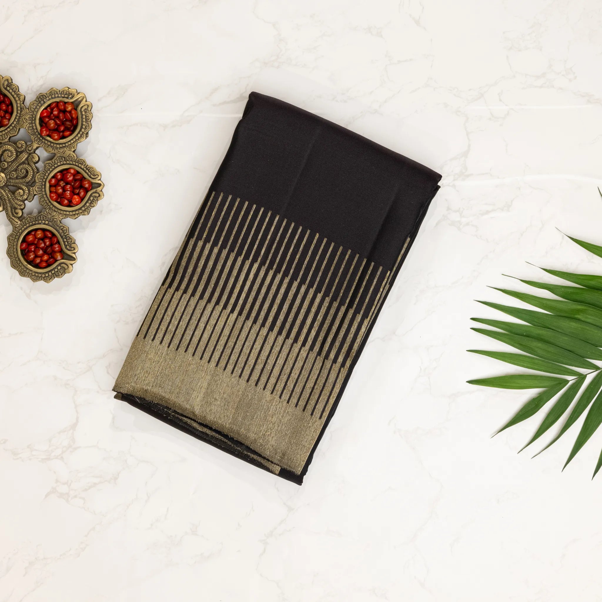 Black Kanchipuram Silk Saree – Contemporary Gold Line Border with Minimal Zari Buttas