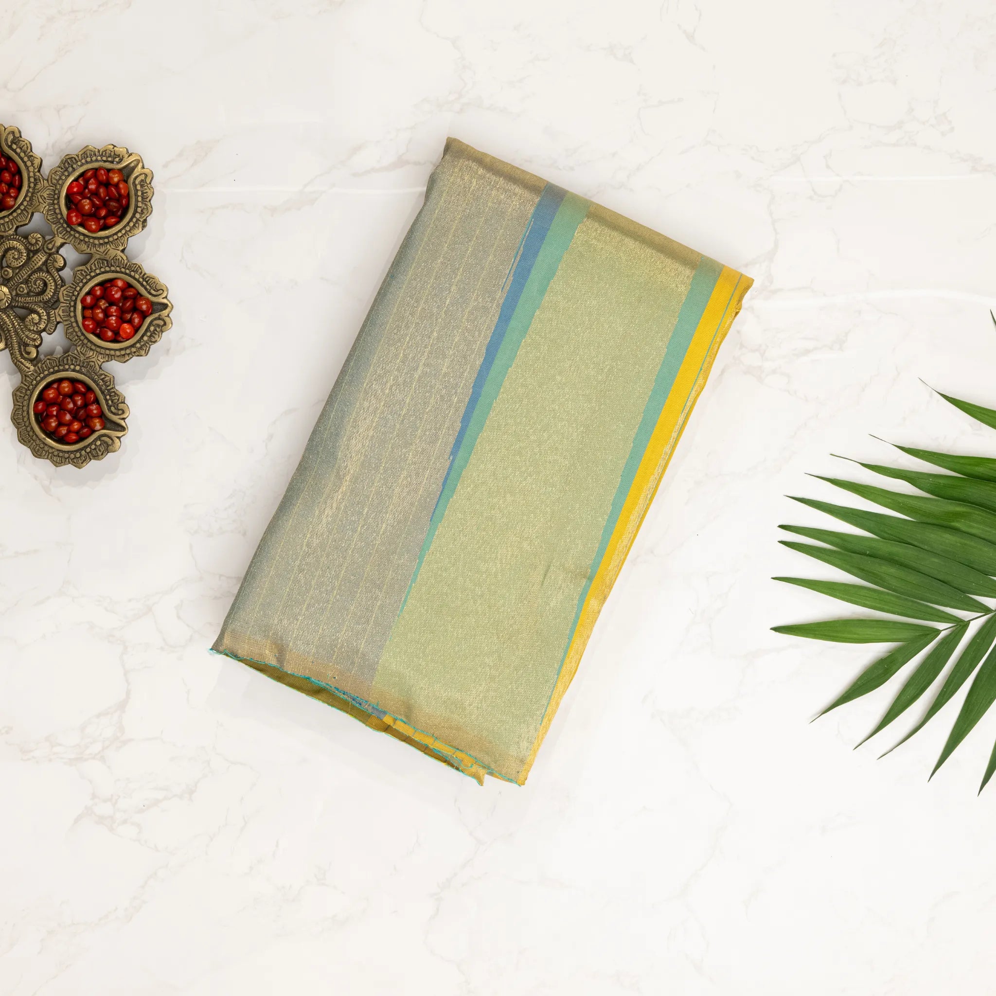 Aqua Blue Kanchipuram Silk Saree – Gold Tissue Pallu with Sunshine Yellow Border