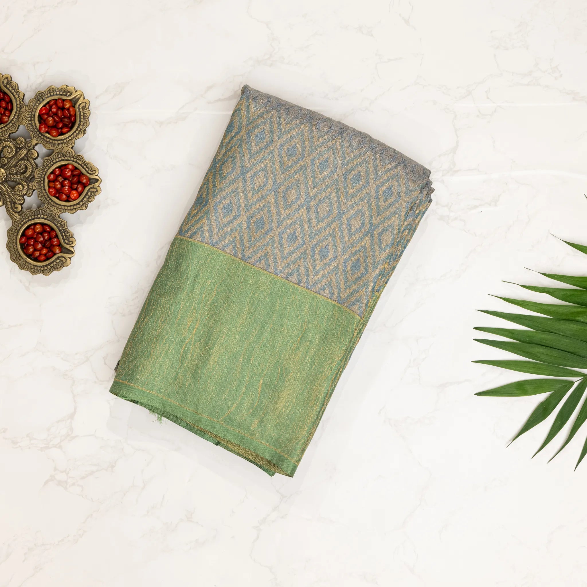 Soft Silk Saree – Steel Grey with Mint Green Zari Border & Diamond Jacquard Weave