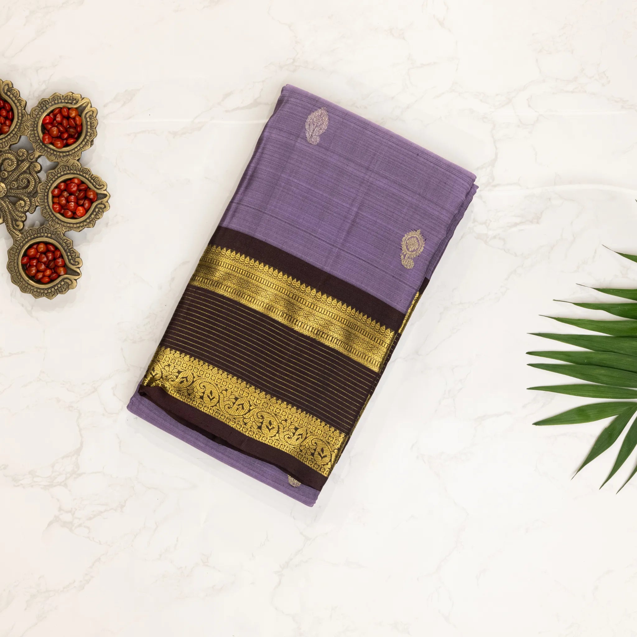 Lavender Kanchipuram Silk Saree – Gold Buttas with Coffee Brown Zari Border
