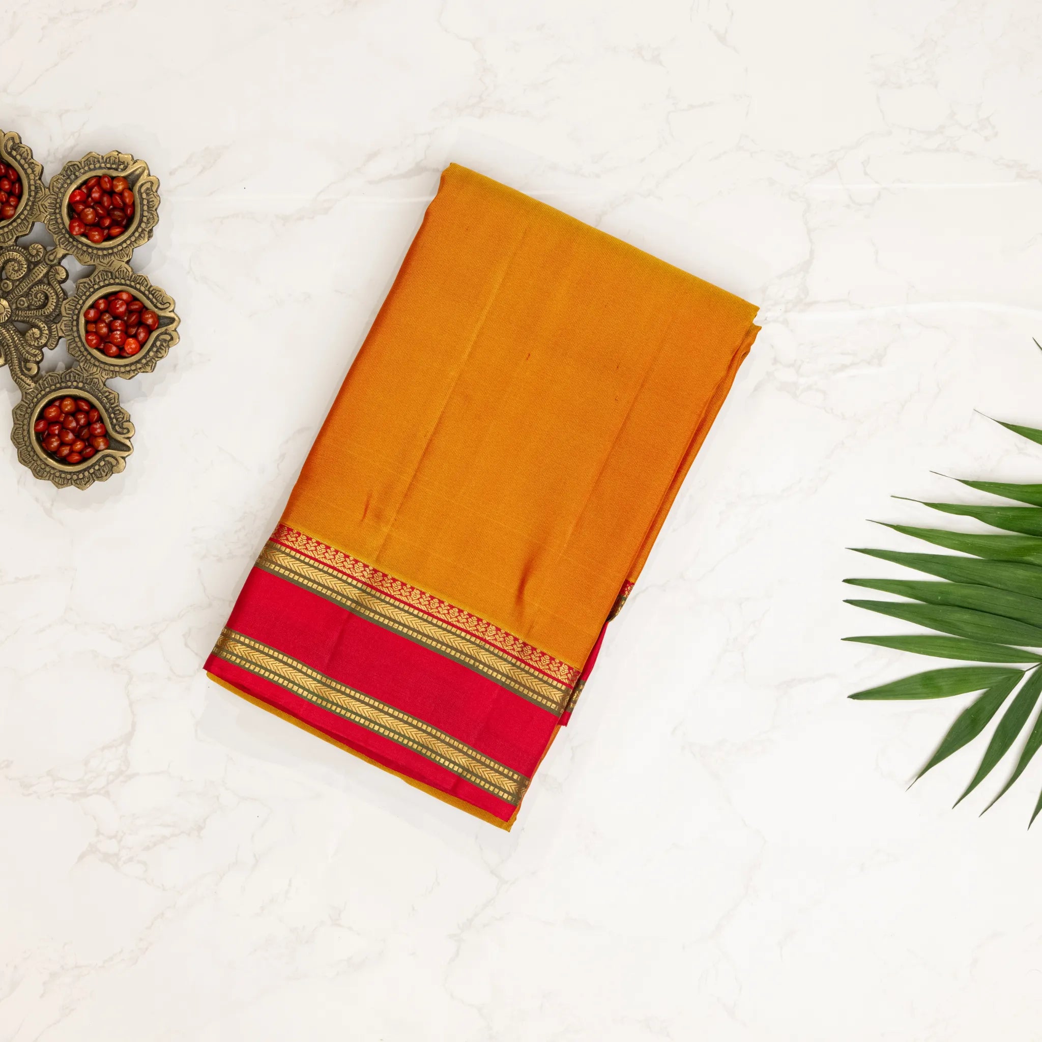 Mustard Orange Kanchipuram Silk Saree – Rani Pink Contrast Border with Classic Zari Stripes