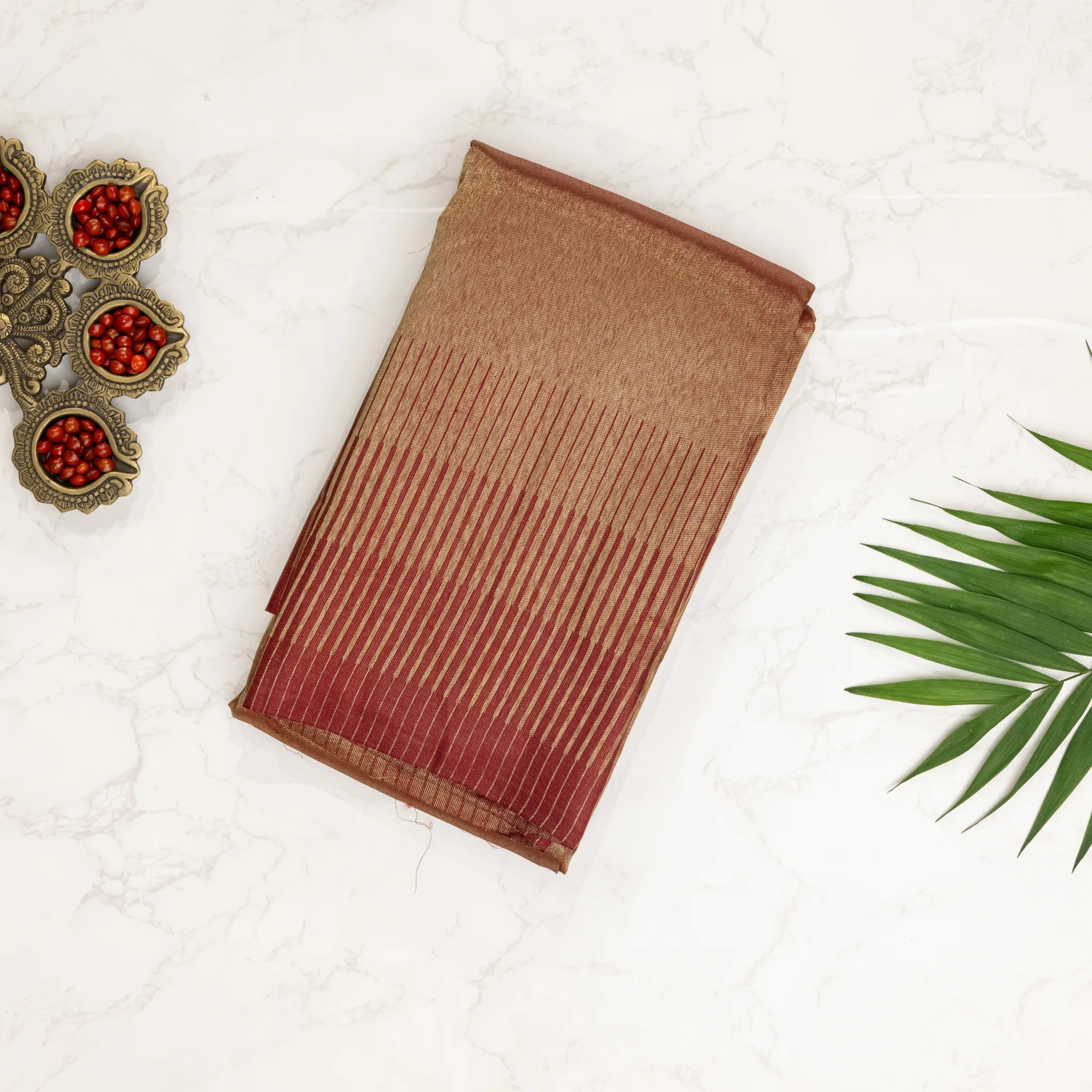 Rose Gold Kanchipuram Silk Saree – Wine Contrast Border with Contemporary Zari Stripes