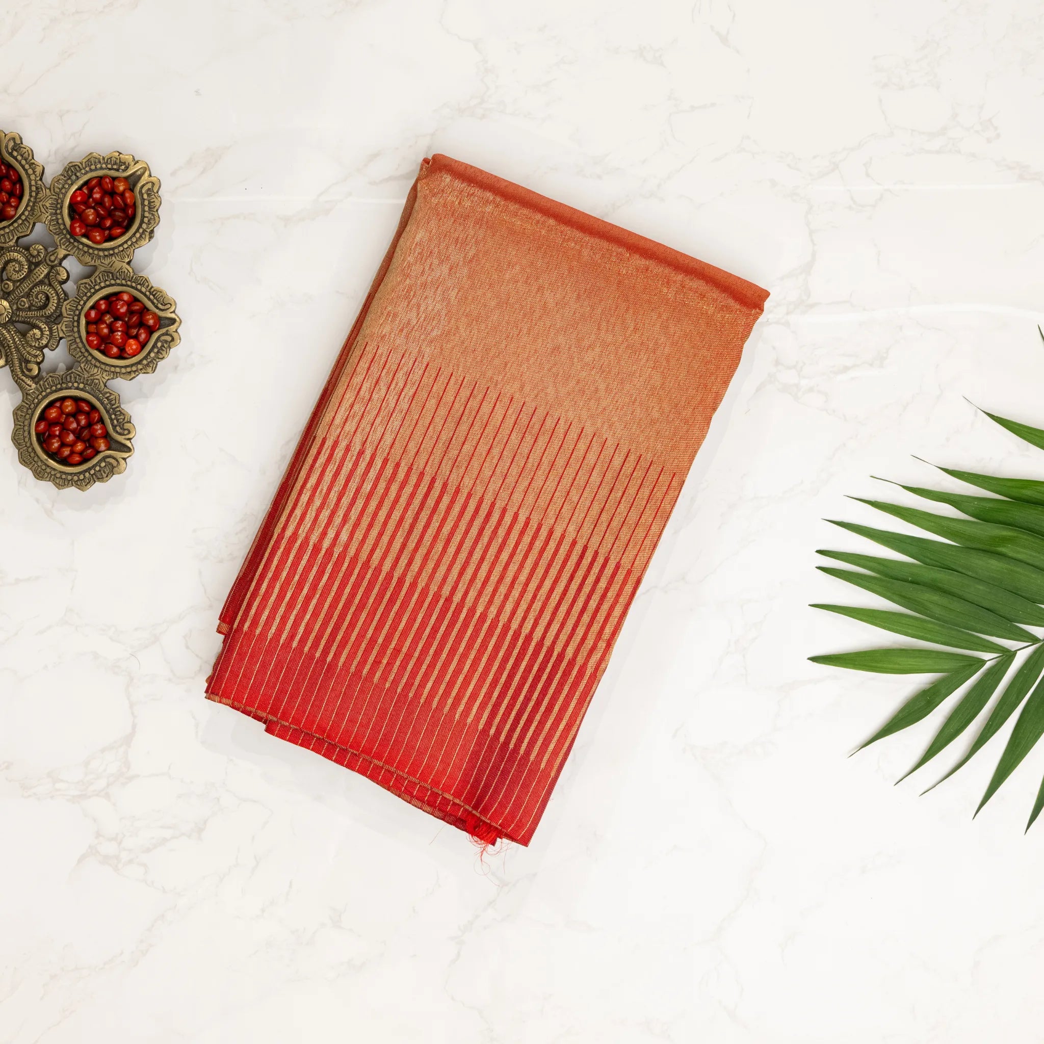 Copper Gold Kanchipuram Silk Saree – Coral Red Contrast Border with Contemporary Zari Stripes