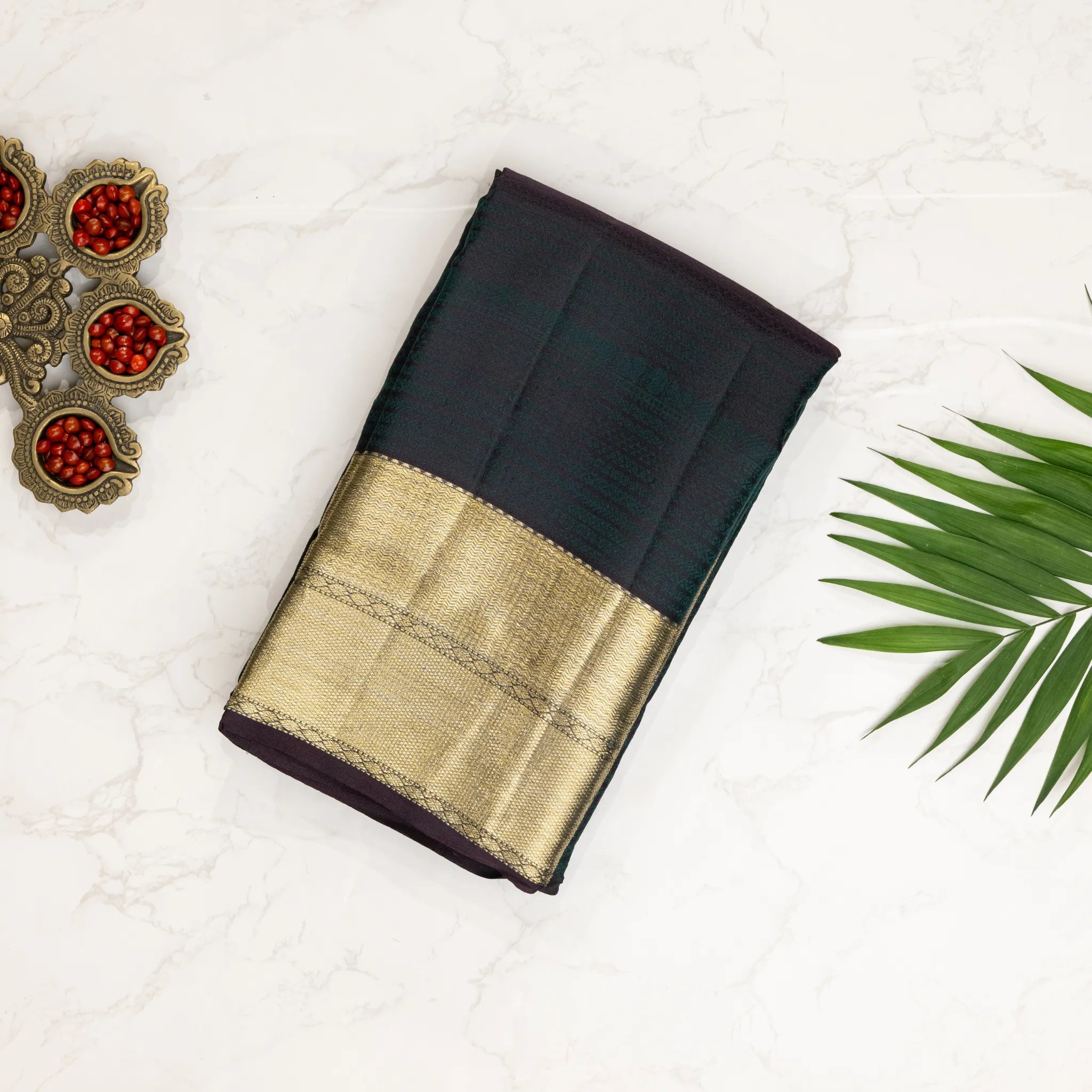 Black Kanchipuram Silk Saree – Self Woven Design with Gold Zari Border