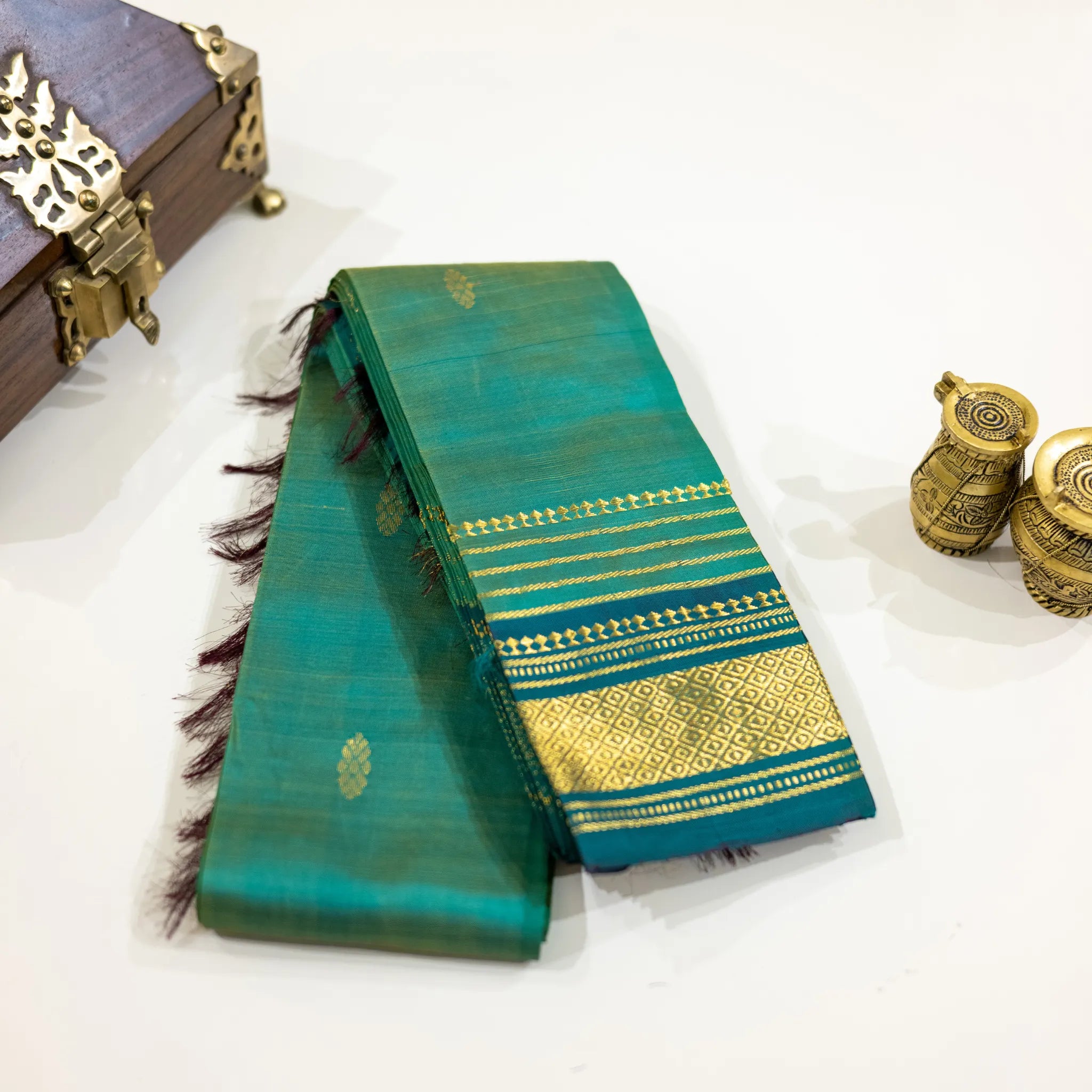 Teal Green & Gold Zari Silk Saree