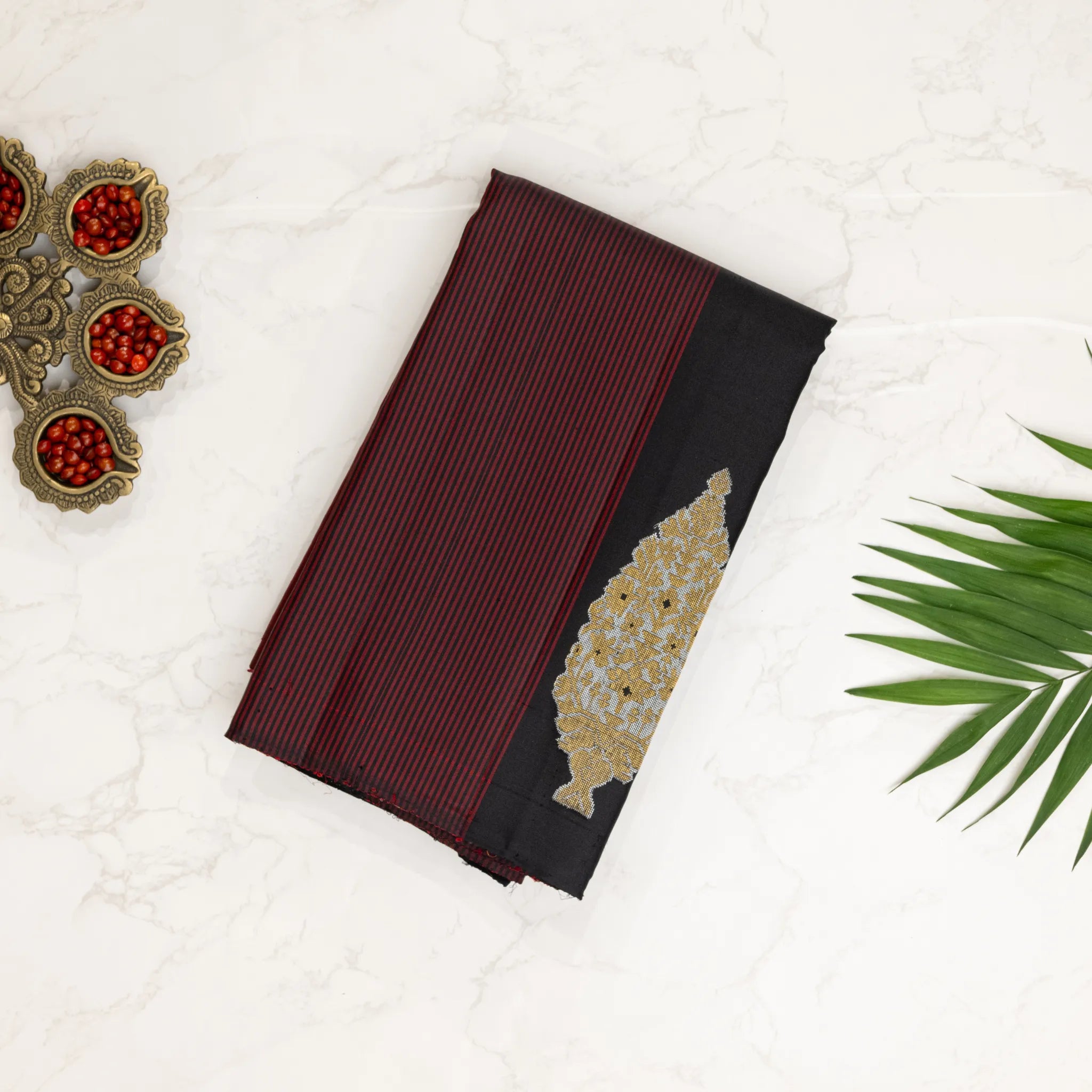 Black Kanchipuram Silk Saree – Maroon Striped Design with Gold Zari Motifs