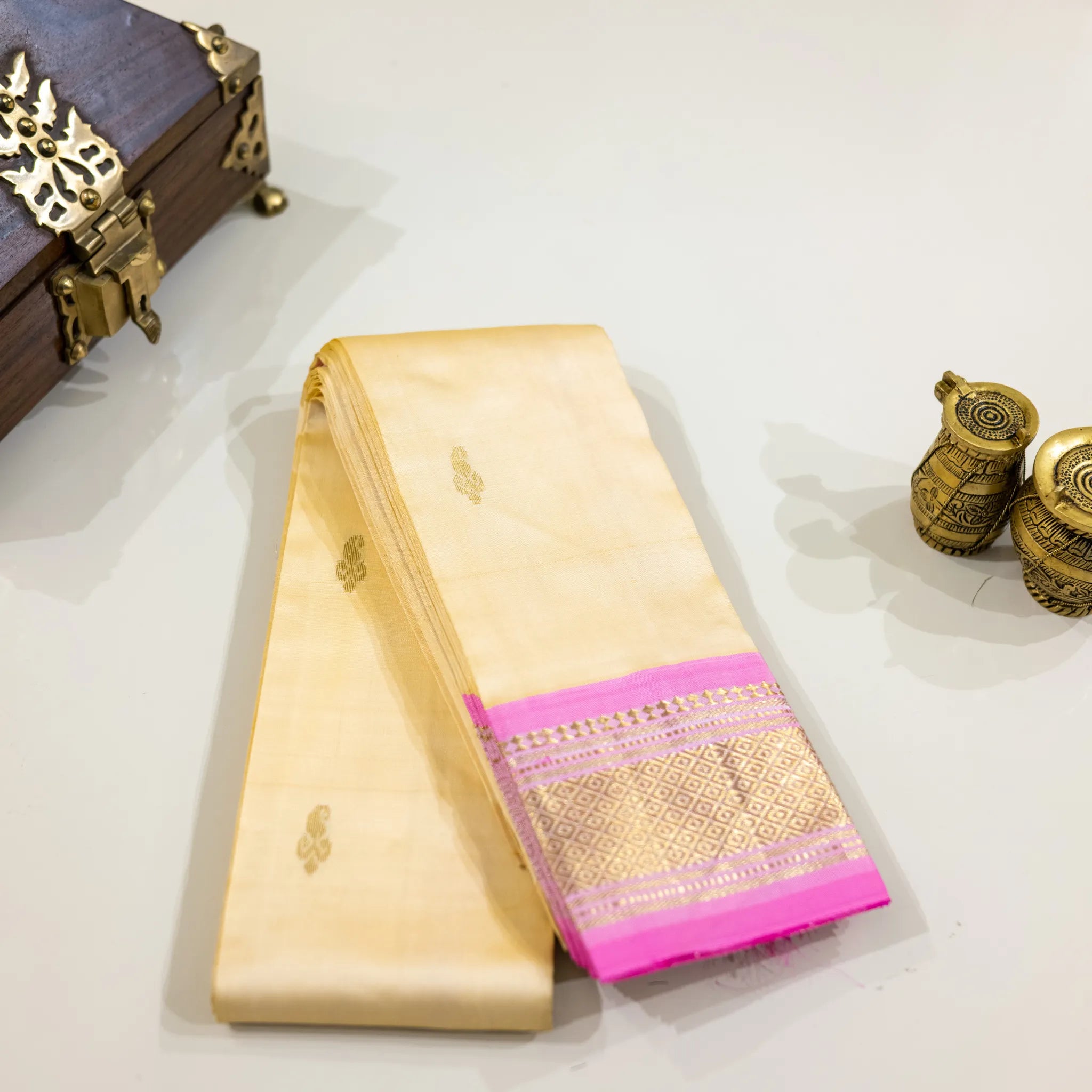 Cream & Pink Gold-Zari Silk Saree