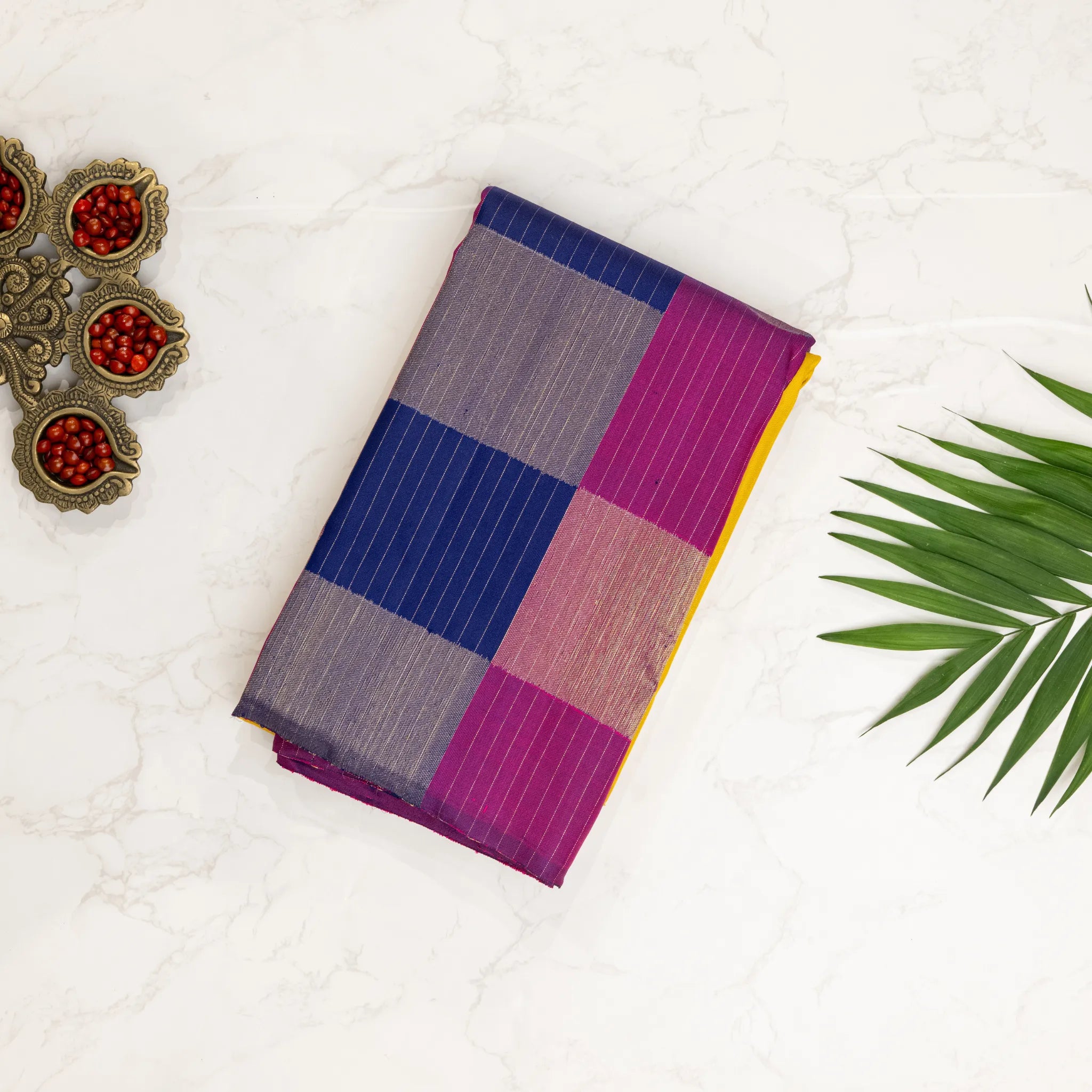 Bright Yellow Kanchipuram Silk Saree – Silver Checked Pallu with Magenta Contrast Border
