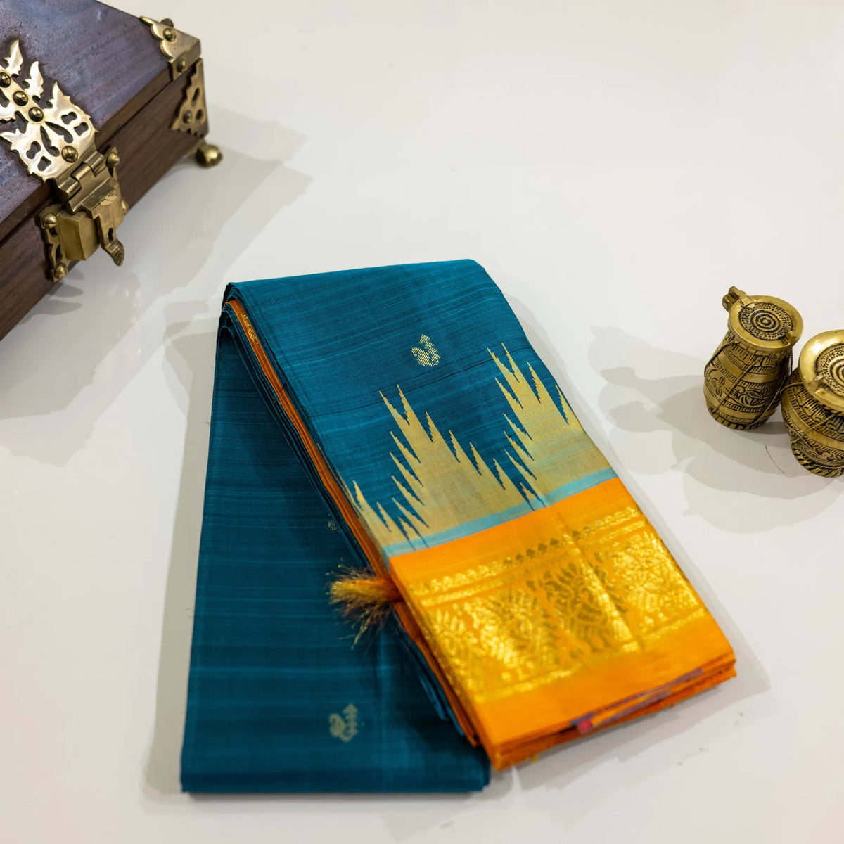 Teal Blue & Orange Gold-Zari Silk Saree