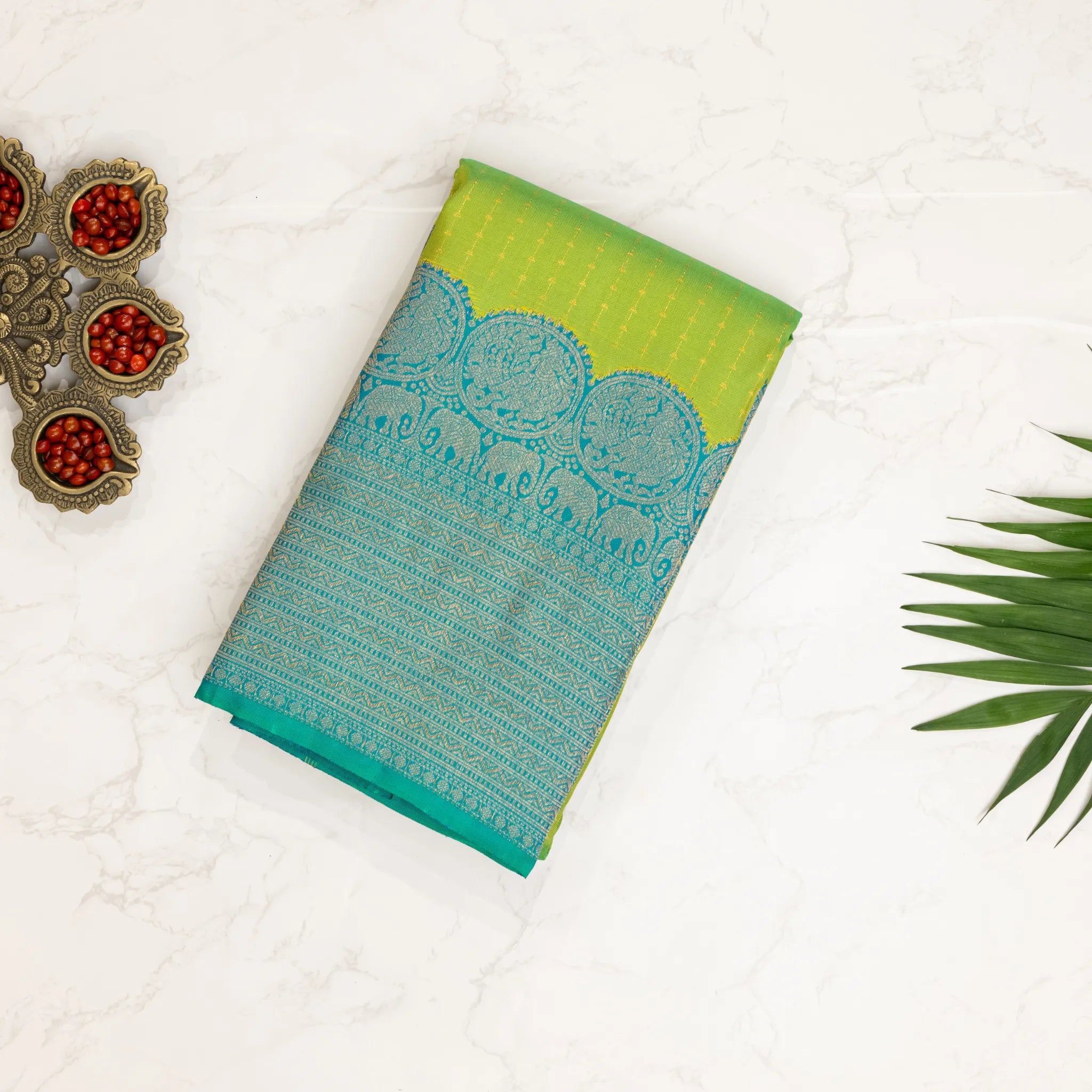 Lime Green Kanchipuram Silk Saree – Gold Woven Lines with Turquoise Zari Border
