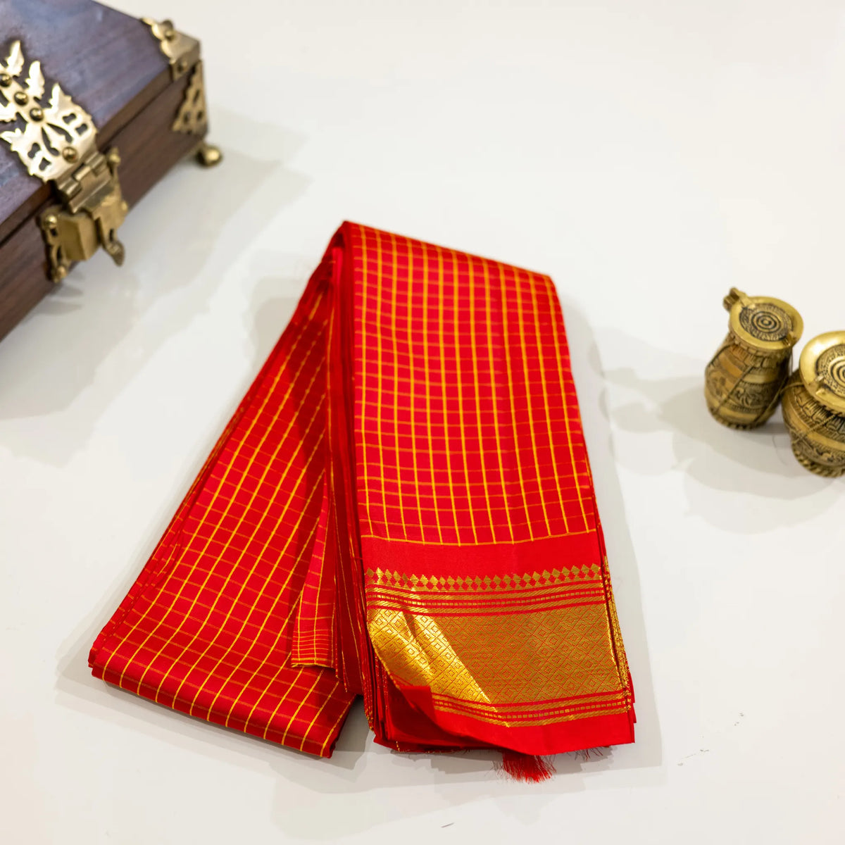 Red & Gold Checked Silk Saree