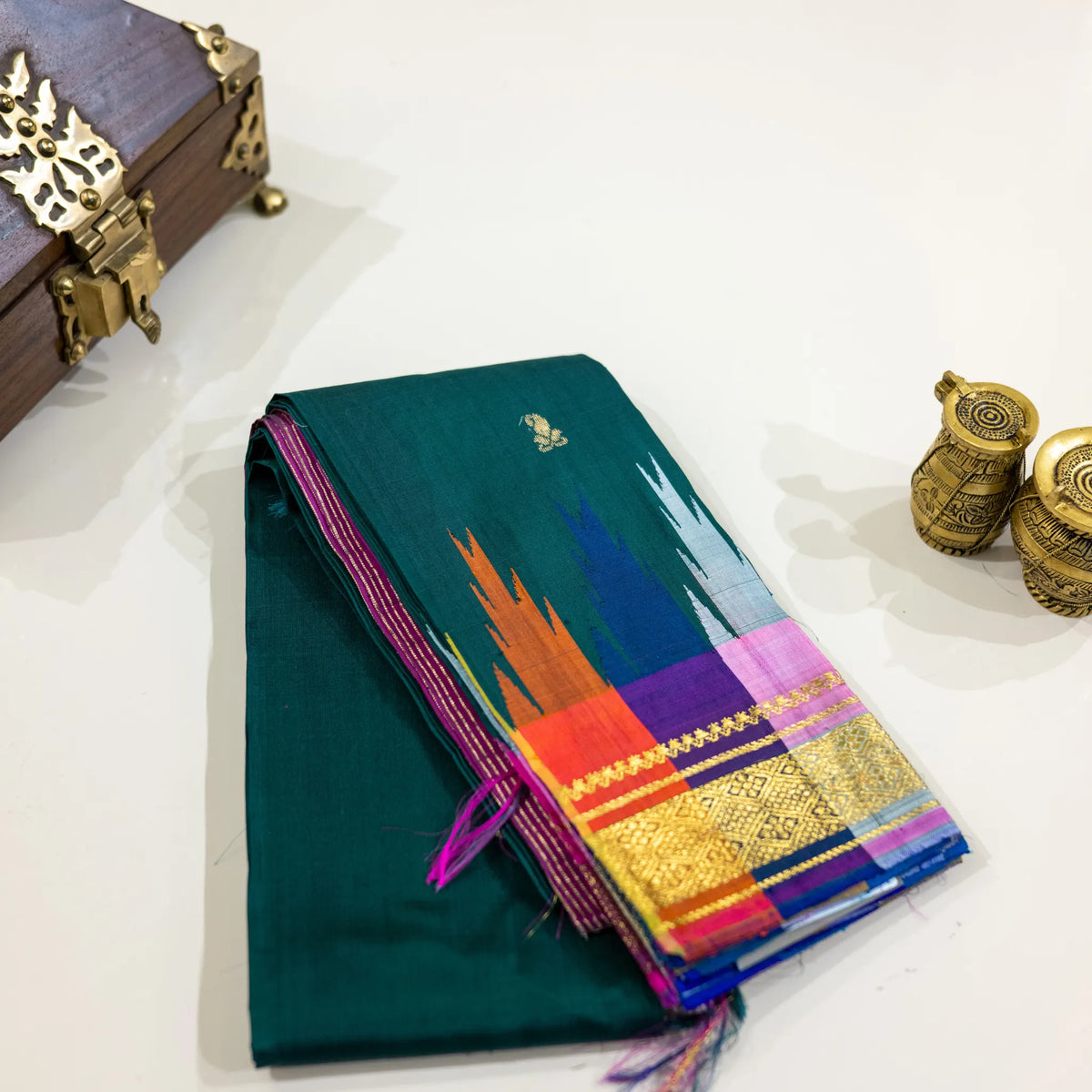 Teal Green & Multicolour Gold-Zari Silk Saree