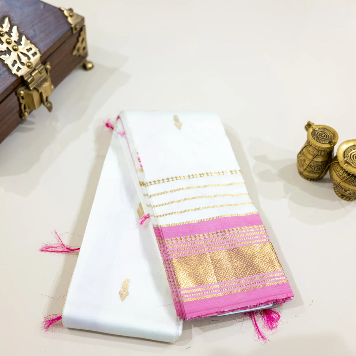 White & Pink Gold-Zari Silk Saree