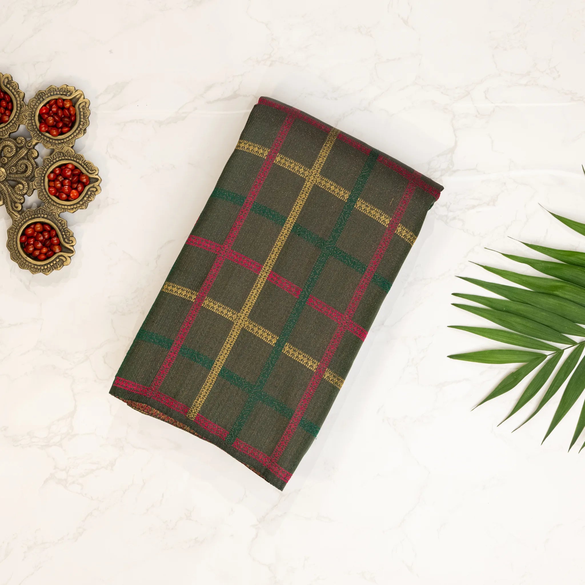 Checked Silk Saree – Olive Green with Multicolour Windowpane Checks