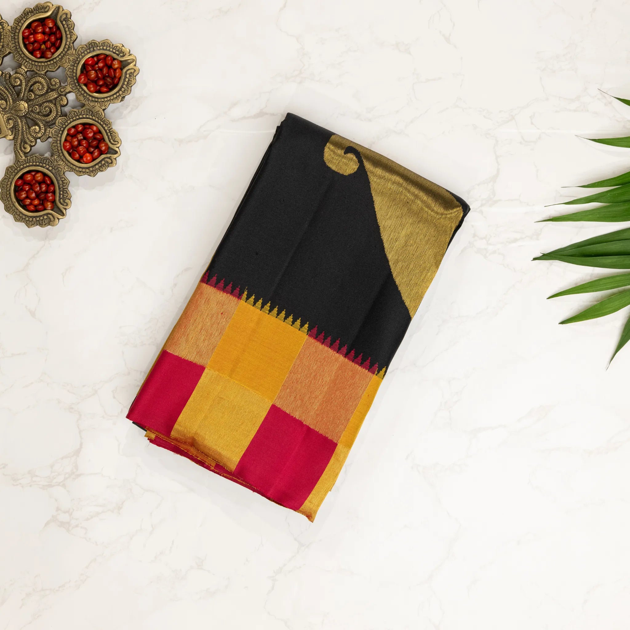 Black Cotton Silk Saree – Gold Paisley Motifs with Mustard Pink Checked Border