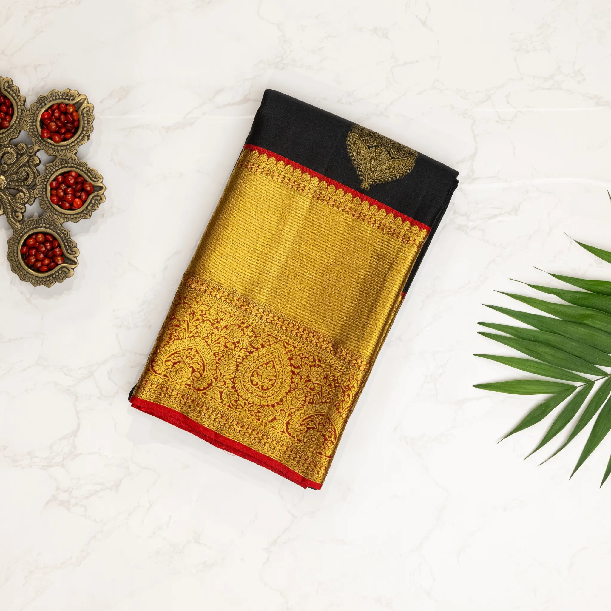 Black Kanchipuram Silk Saree – Gold Zari Leaf Buttas with Broad Temple Border