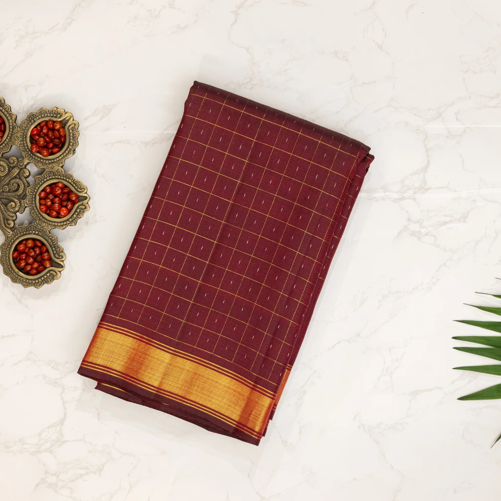 Maroon Cotton Silk Saree – Gold Windowpane Checks with Classic Zari Border