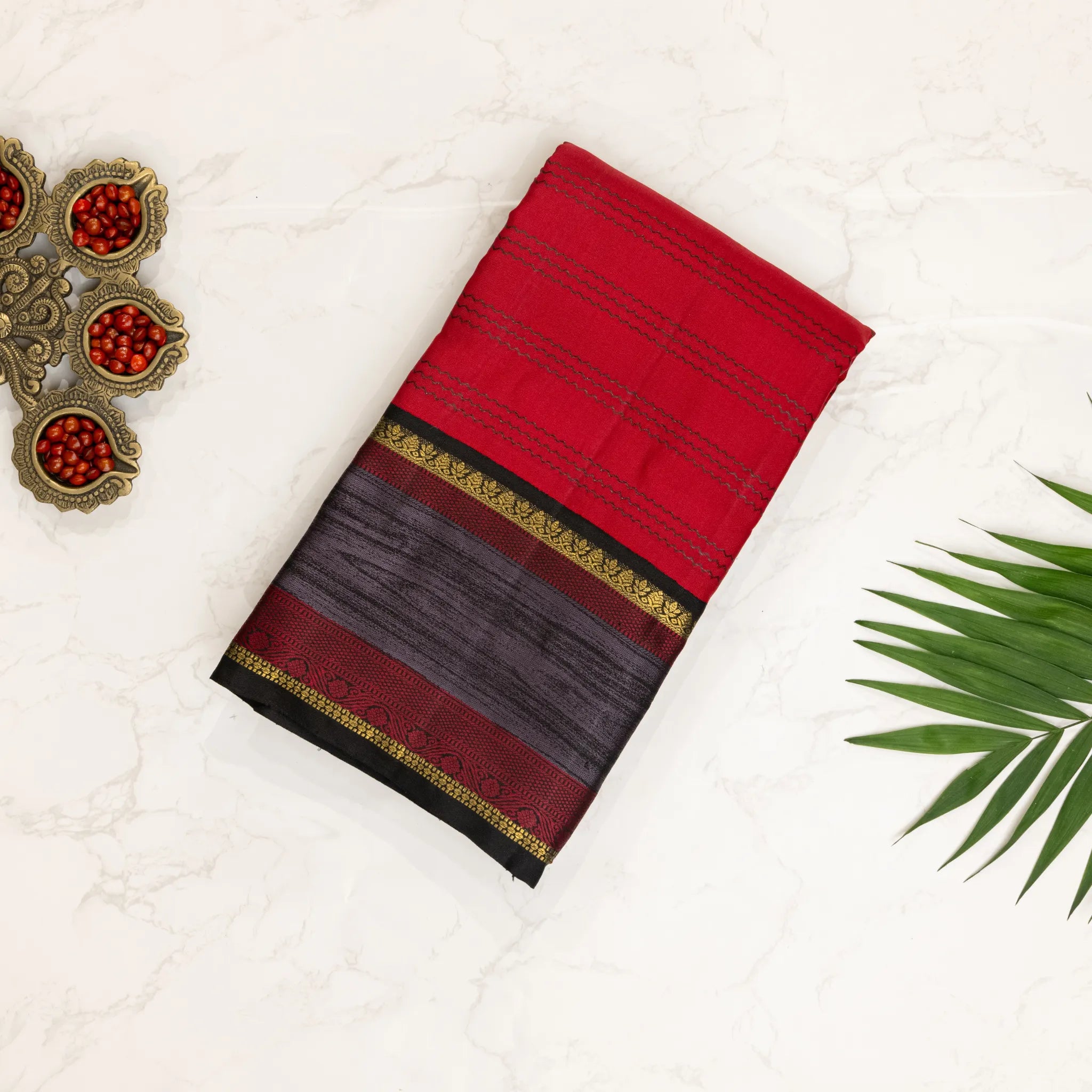 Traditional Cotton Silk Saree – Crimson Red with Black Zari Border & Striped Weave