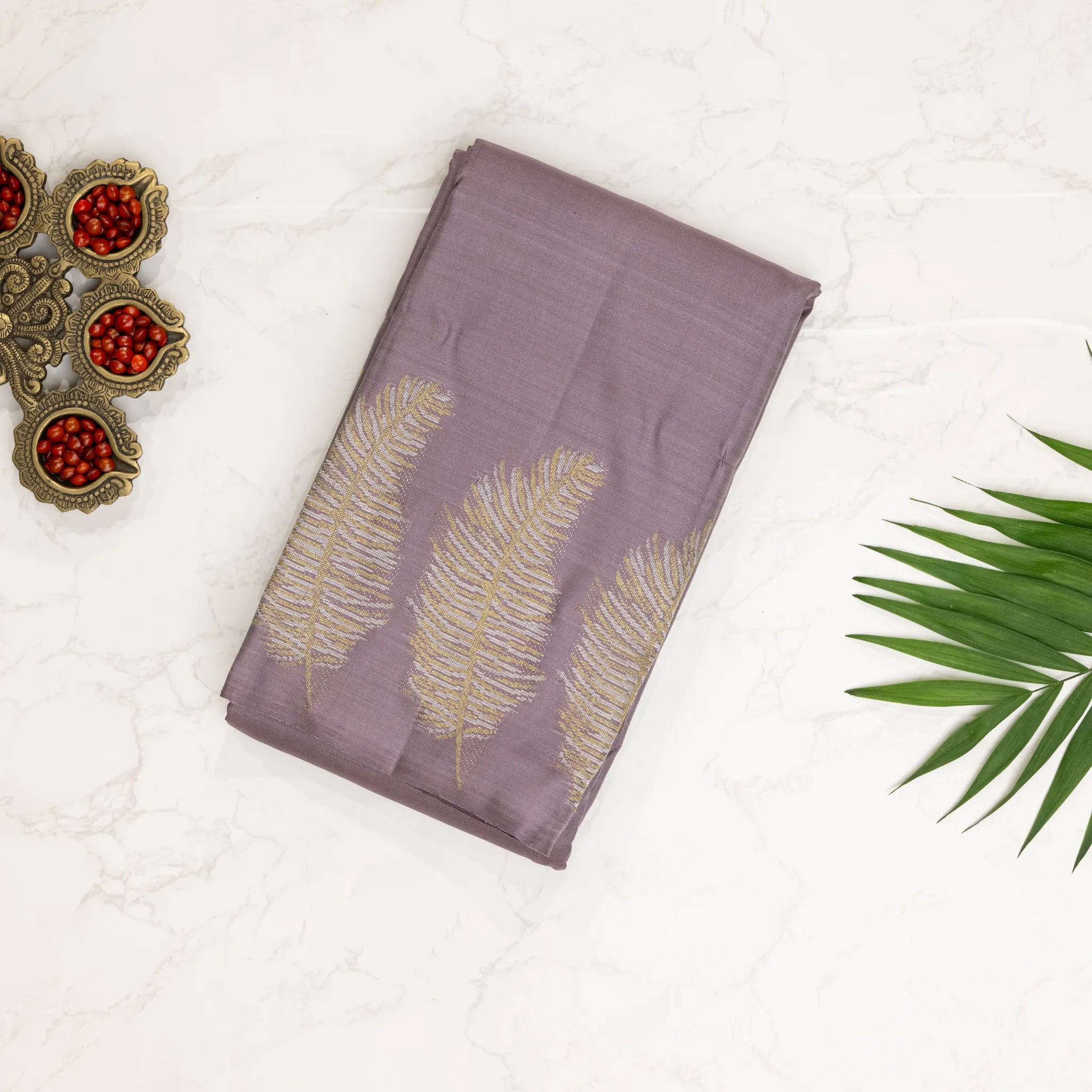 Lavender Soft Silk Saree – Gold Feather Jacquard Design with Elegant Woven Pallu