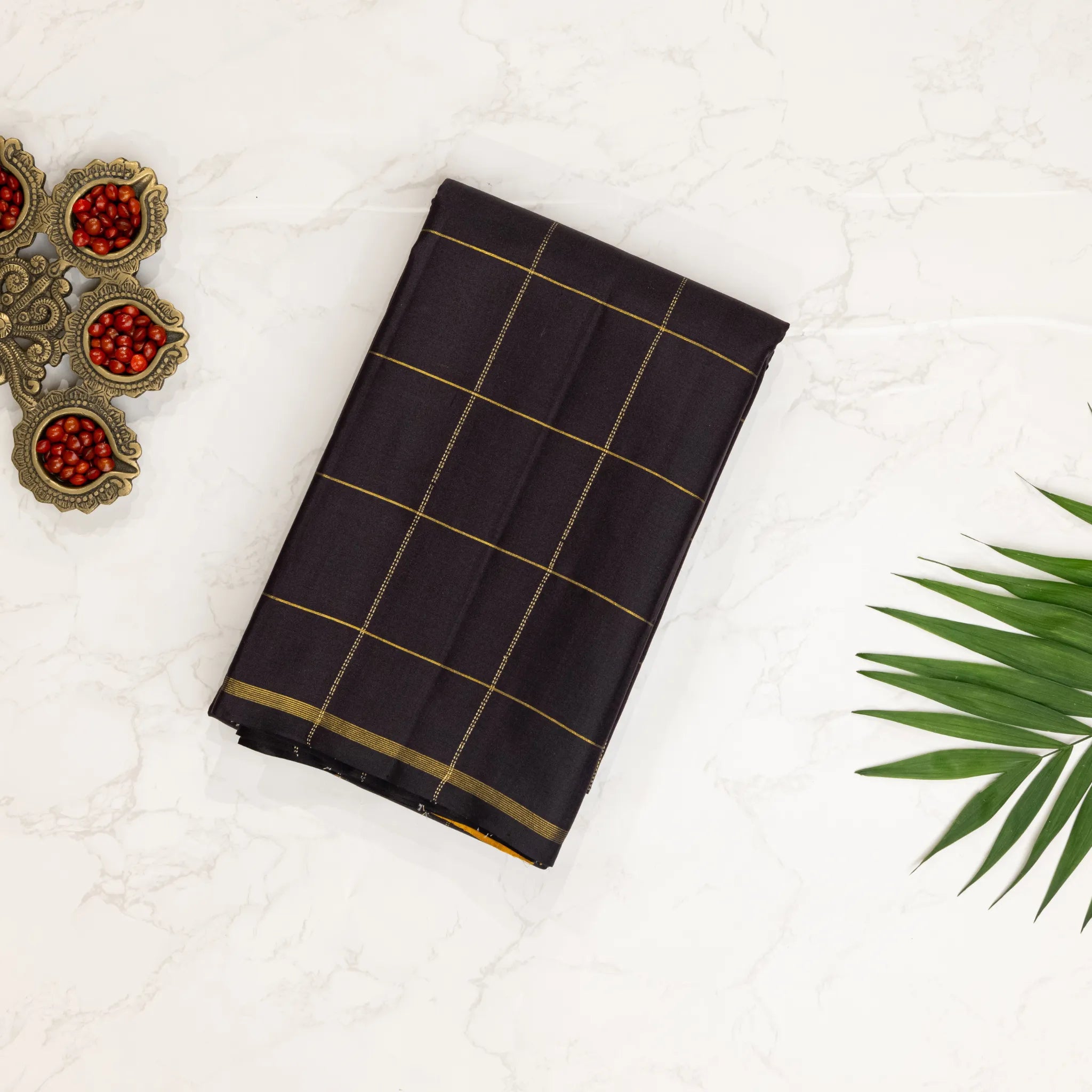 Black Cotton Silk Saree – Gold Windowpane Checks with Elegant Contrast Border