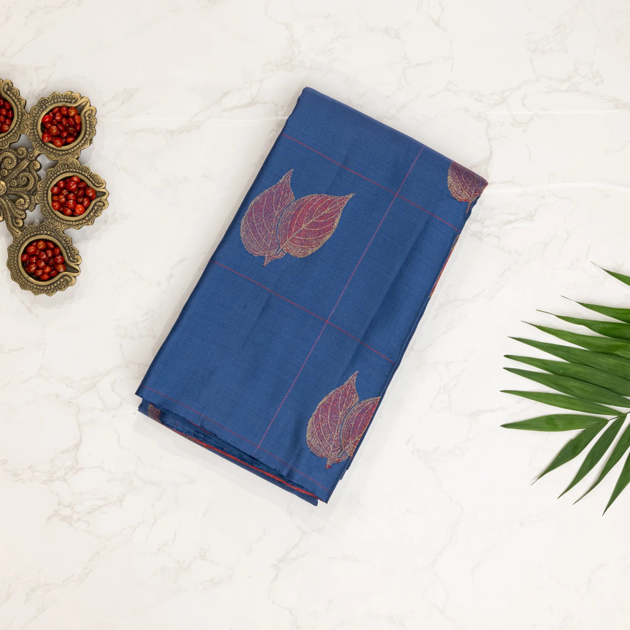 Blue Cotton Silk Saree – Copper Leaf Motifs with Windowpane Checks