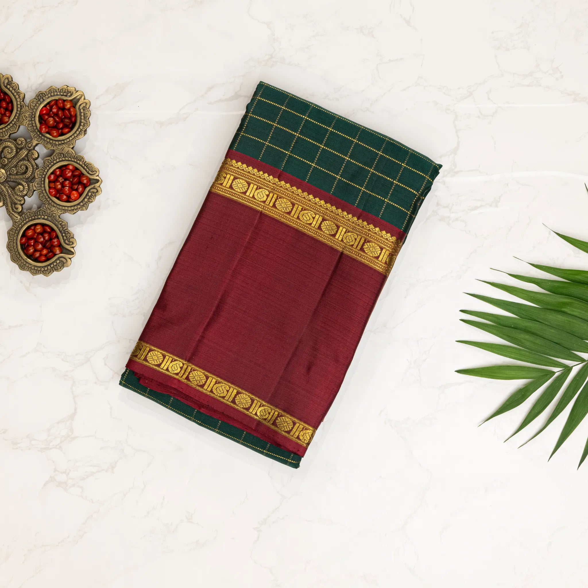 Green Kanchipuram Silk Saree – Gold Windowpane Checks with Contrast Mustard & Magenta Border