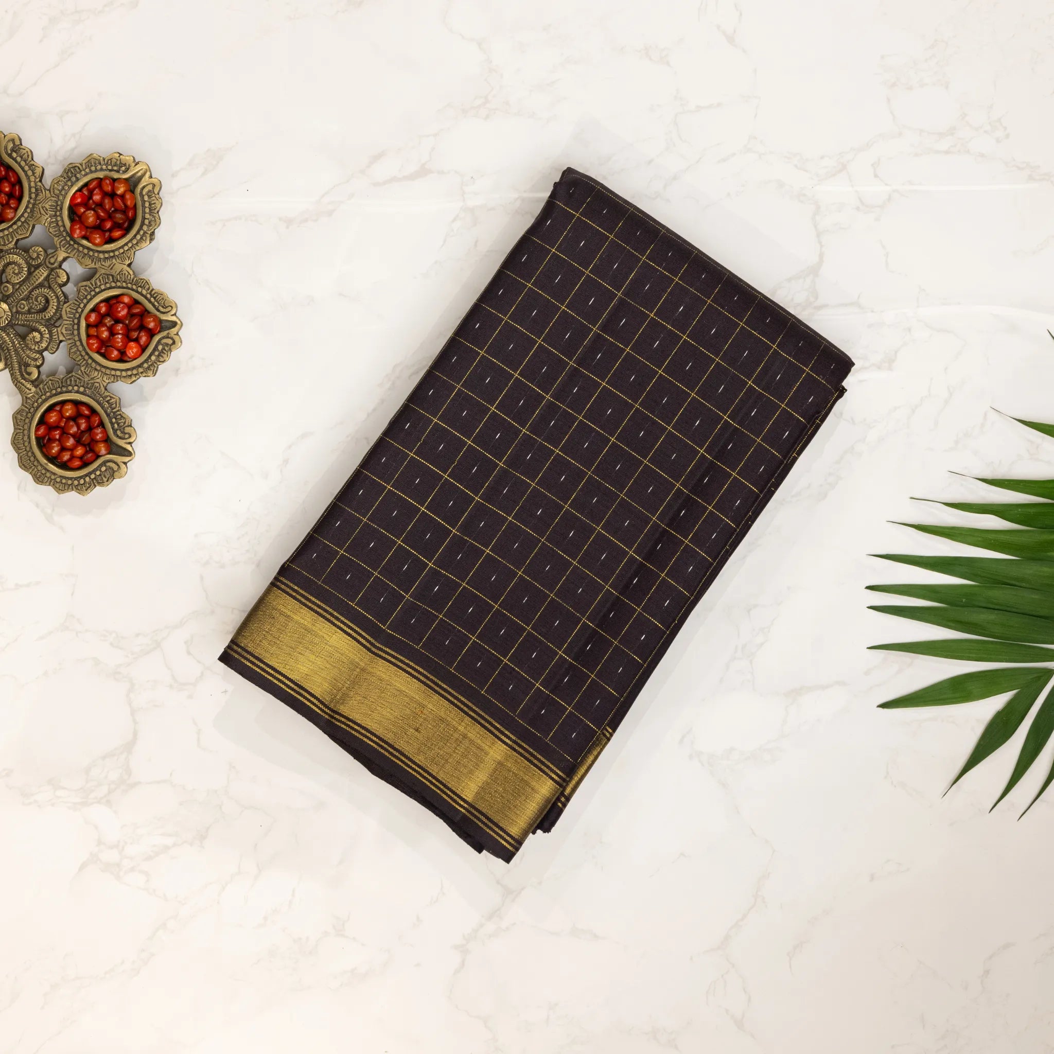 Black Cotton Silk Saree – Gold Windowpane Checks with Classic Zari Border