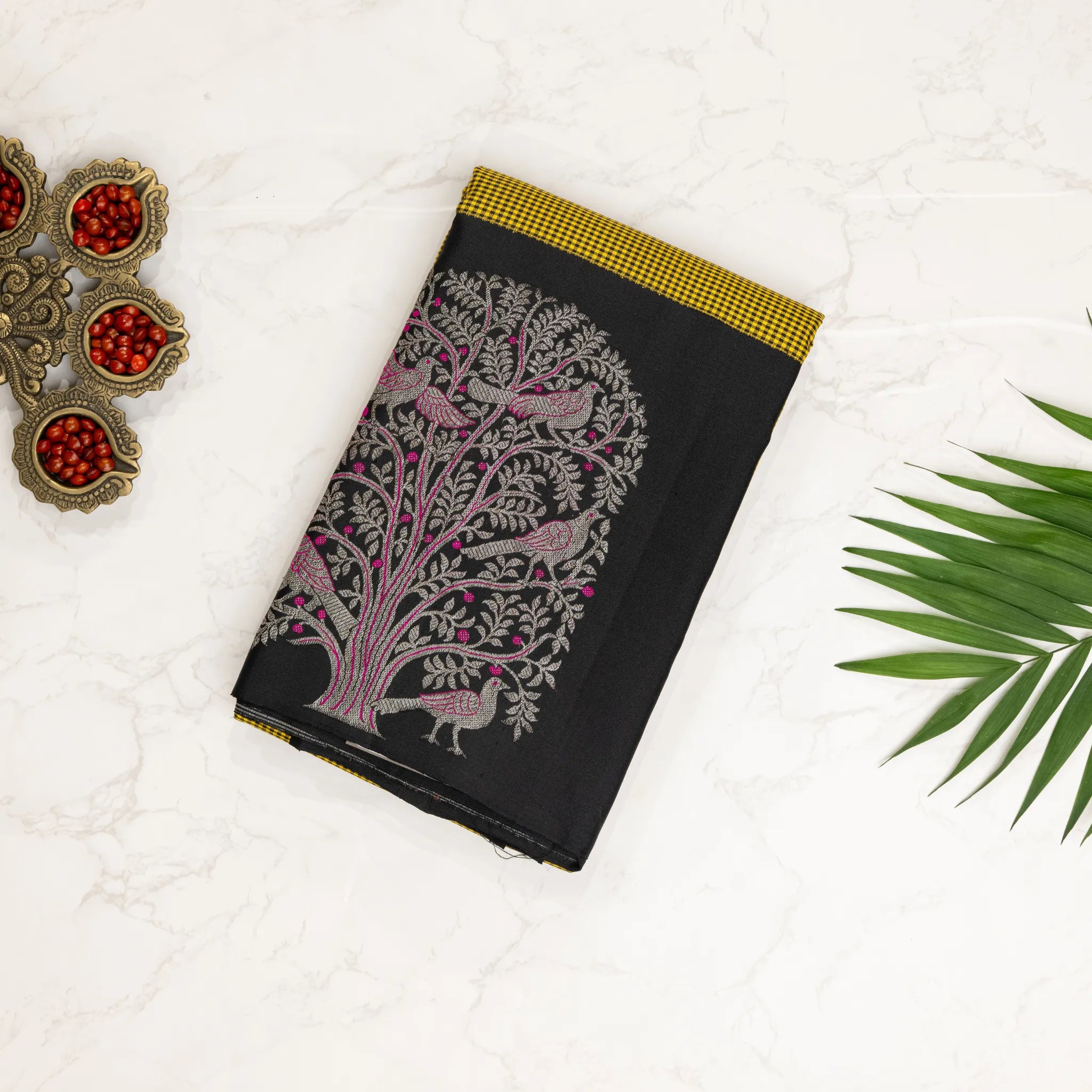 Yellow & Black Kanchipuram Silk Saree – Micro Checks with Contrast Black Border