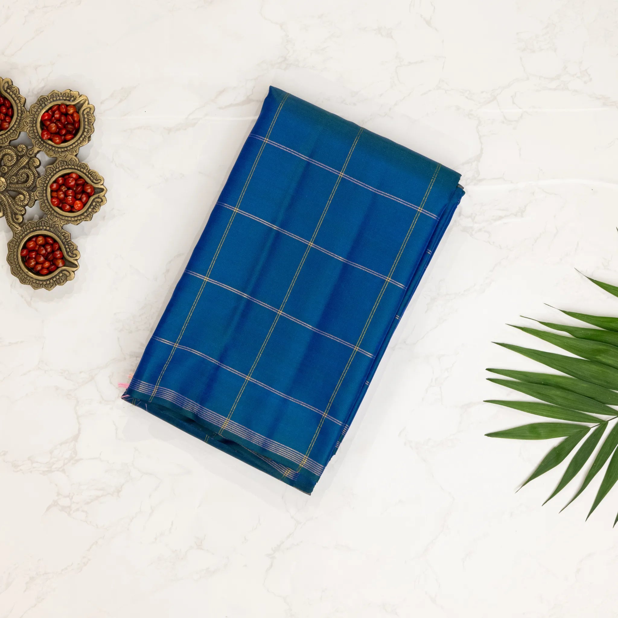 Peacock Blue Cotton Silk Saree – Gold Windowpane Checks with Elegant Woven Border