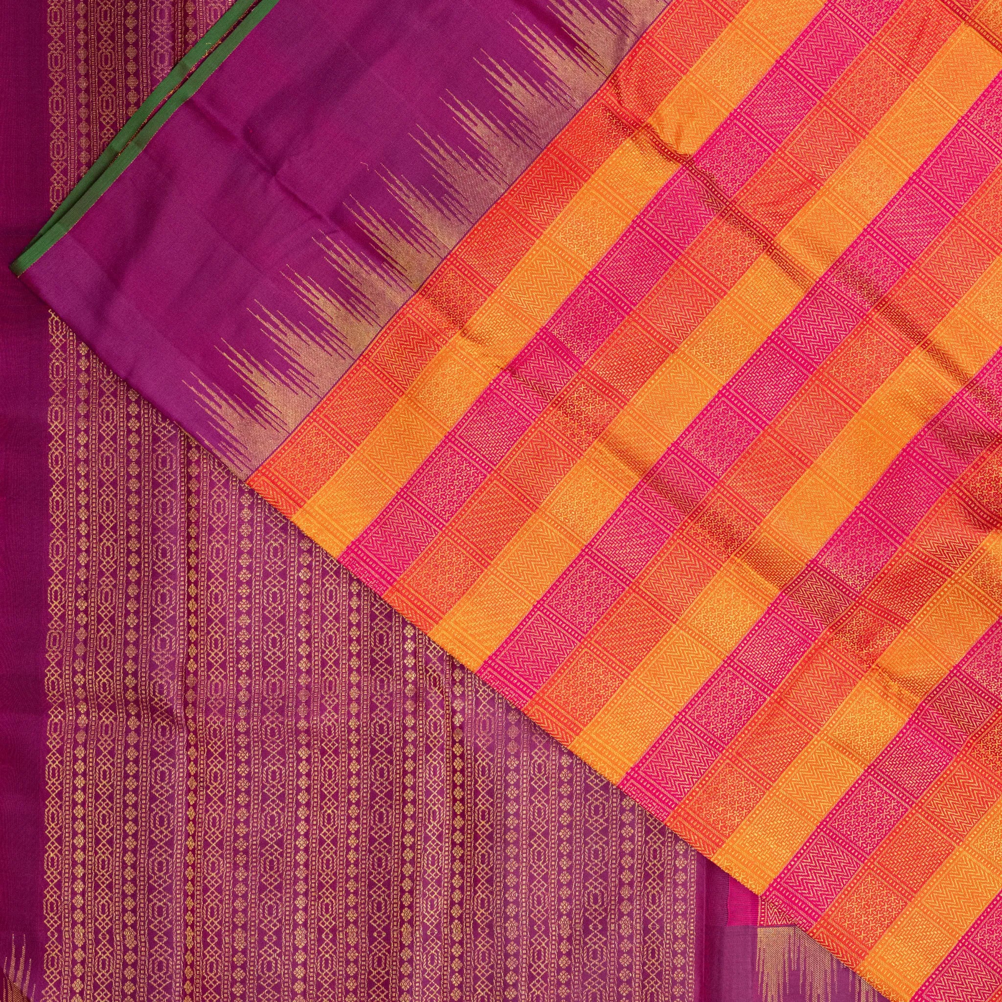 Orange Cotton Silk Saree – Pink Geometric Woven Checks with Purple Contrast Border