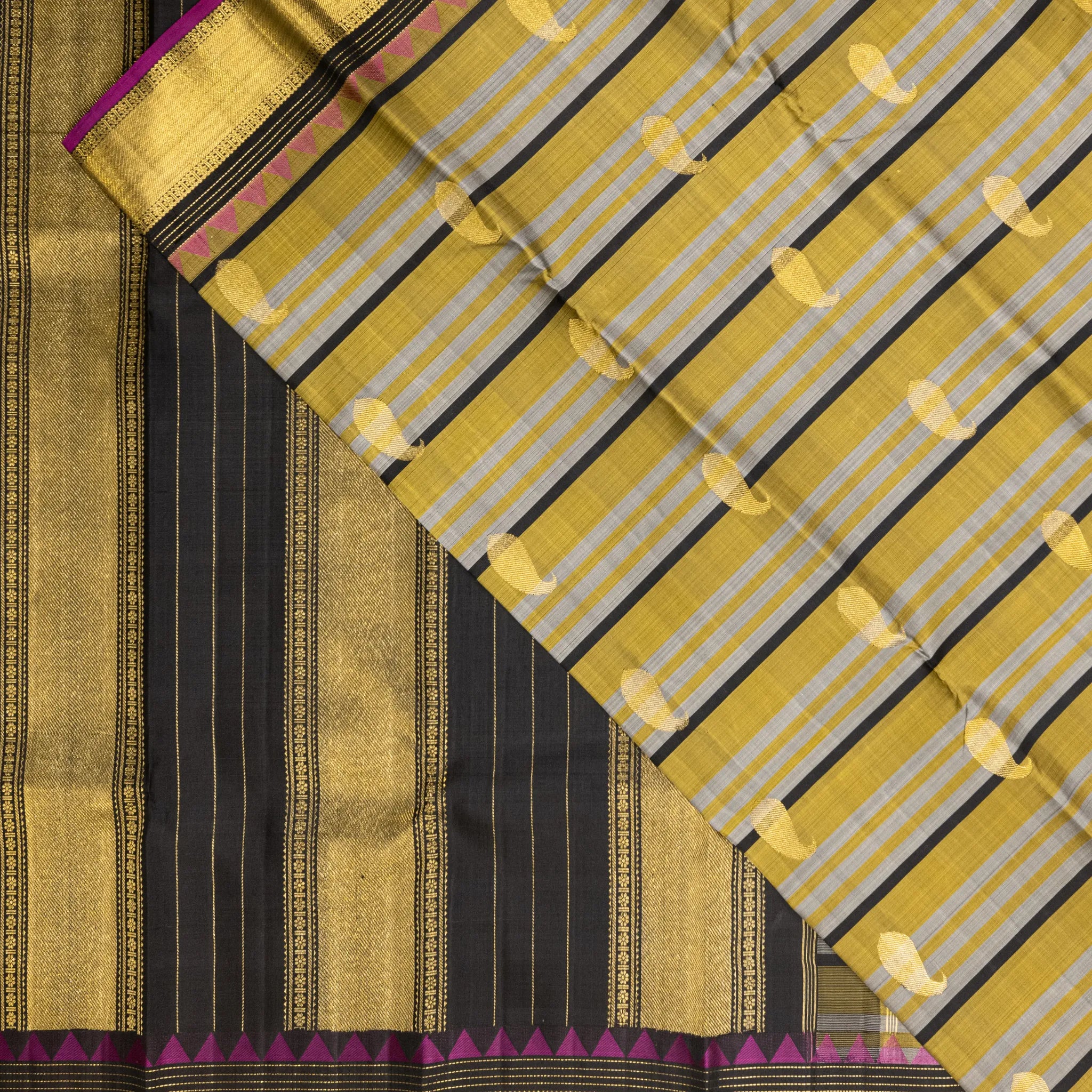 Olive Green Kanchipuram Silk Saree – Striped Weave with Gold Zari Border & Magenta Accents
