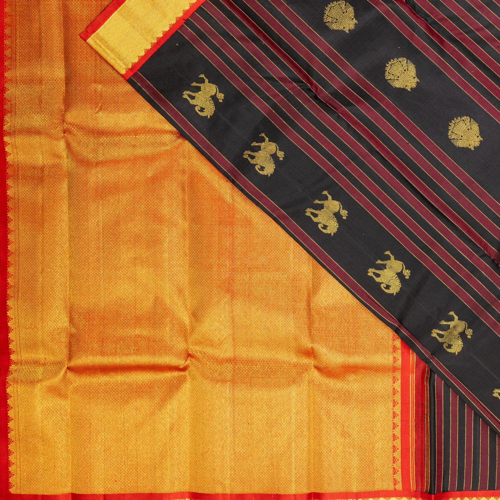 Black Kanchipuram Silk Saree – Maroon Stripes with Gold Zari Border