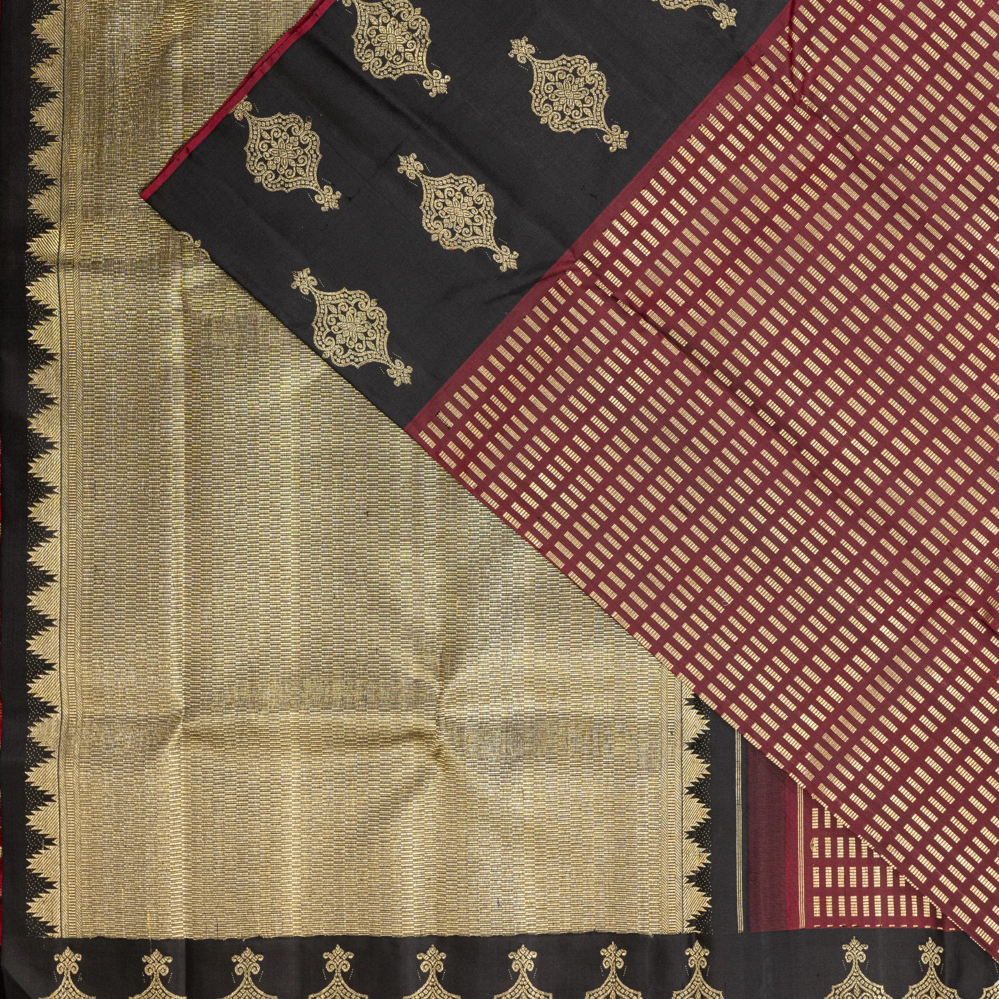 Maroon & Black Kanchipuram Silk Saree – Gold Dash Checks with Ornate Zari Border