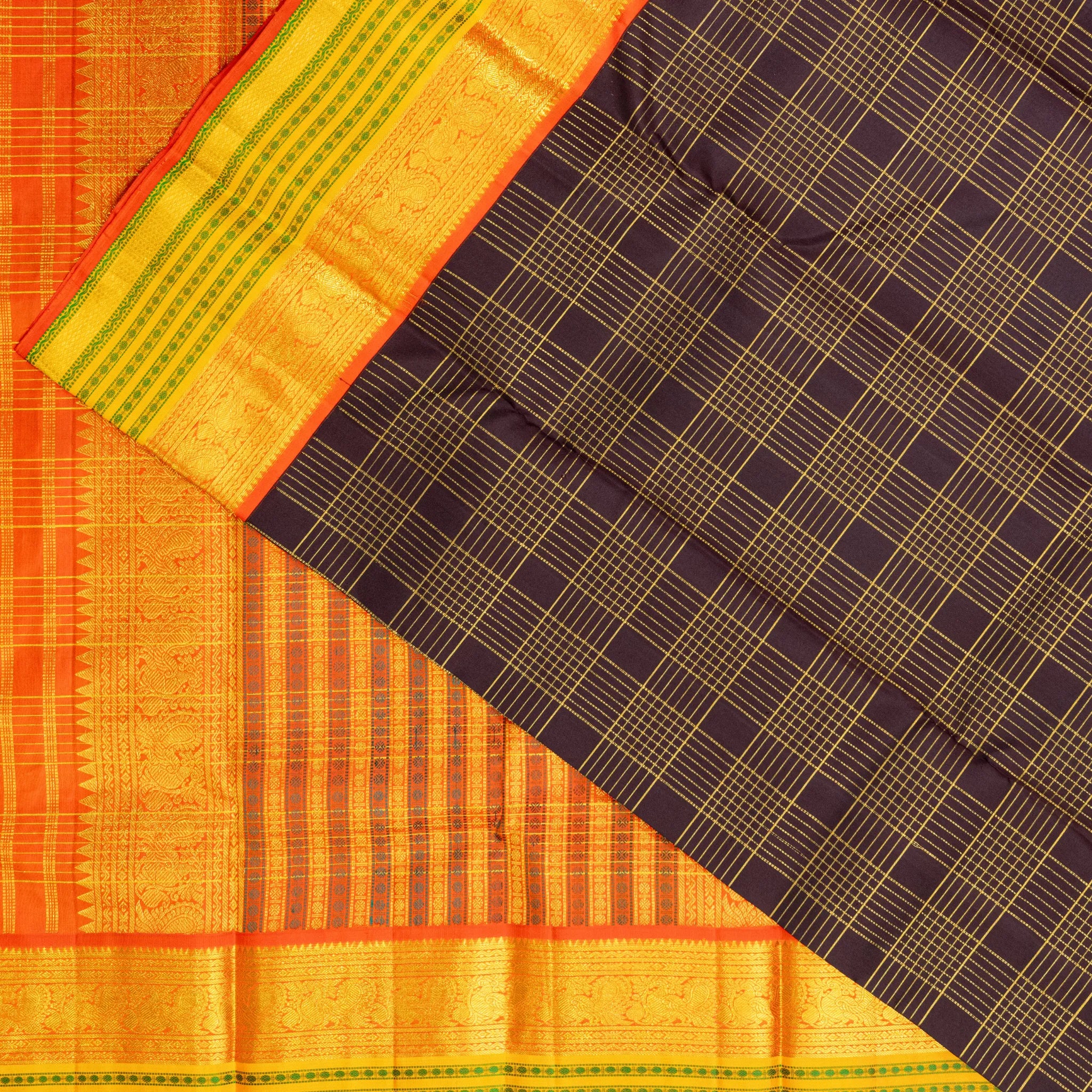 Dark Brown Cotton Silk Saree – Gold Checked Weave with Mustard Contrast Border