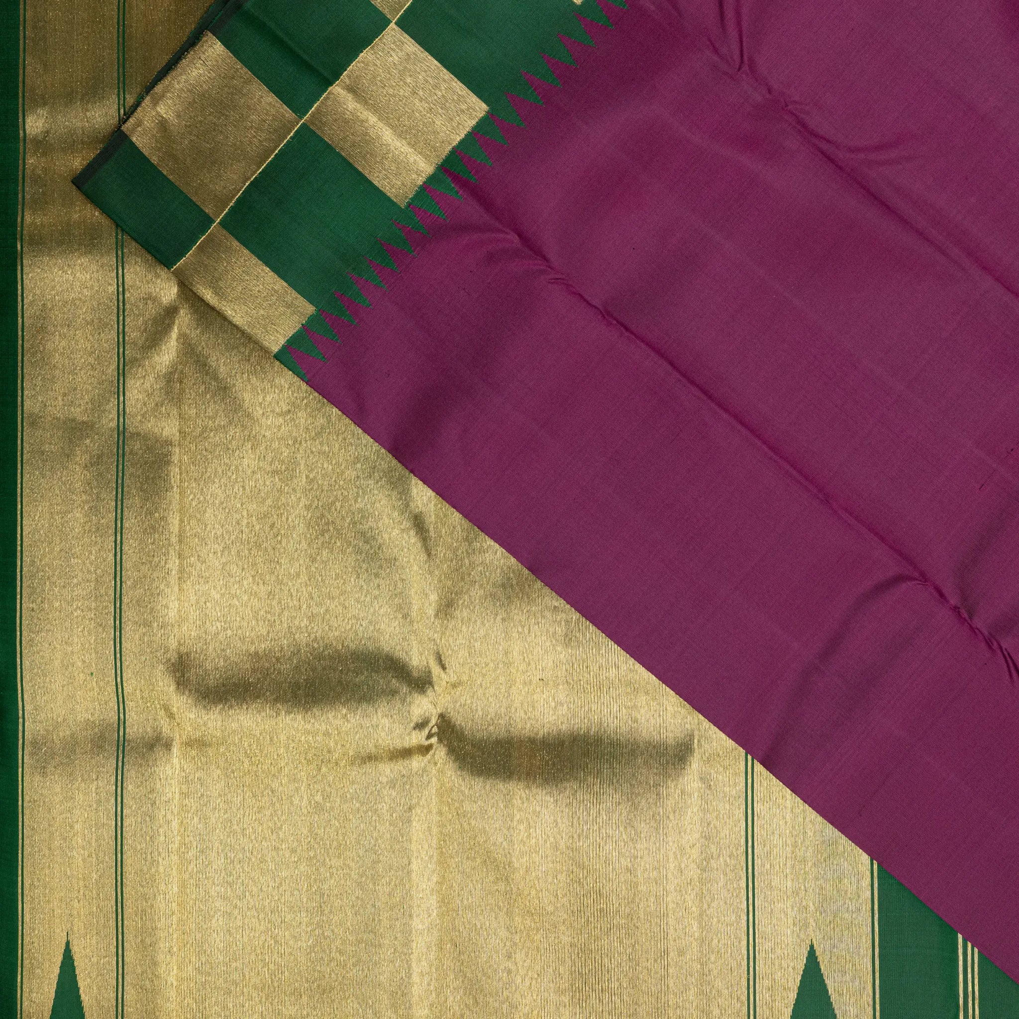 Plum Purple Kanchipuram Silk Saree – Emerald Green Checked Zari Border