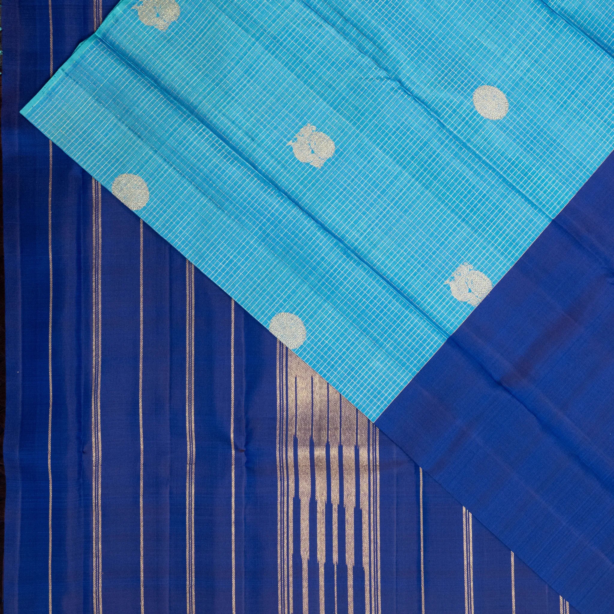 Royal Blue Cotton Silk Saree – Sky Blue Checked Weave with Silver Zari Border