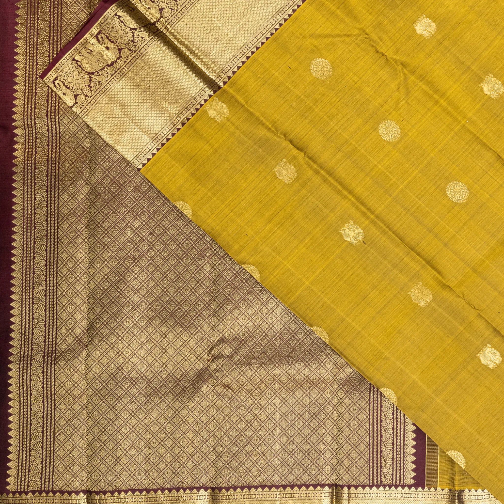 Mustard Gold Kanchipuram Silk Saree – Elephant Zari Border with Antique Gold Weave